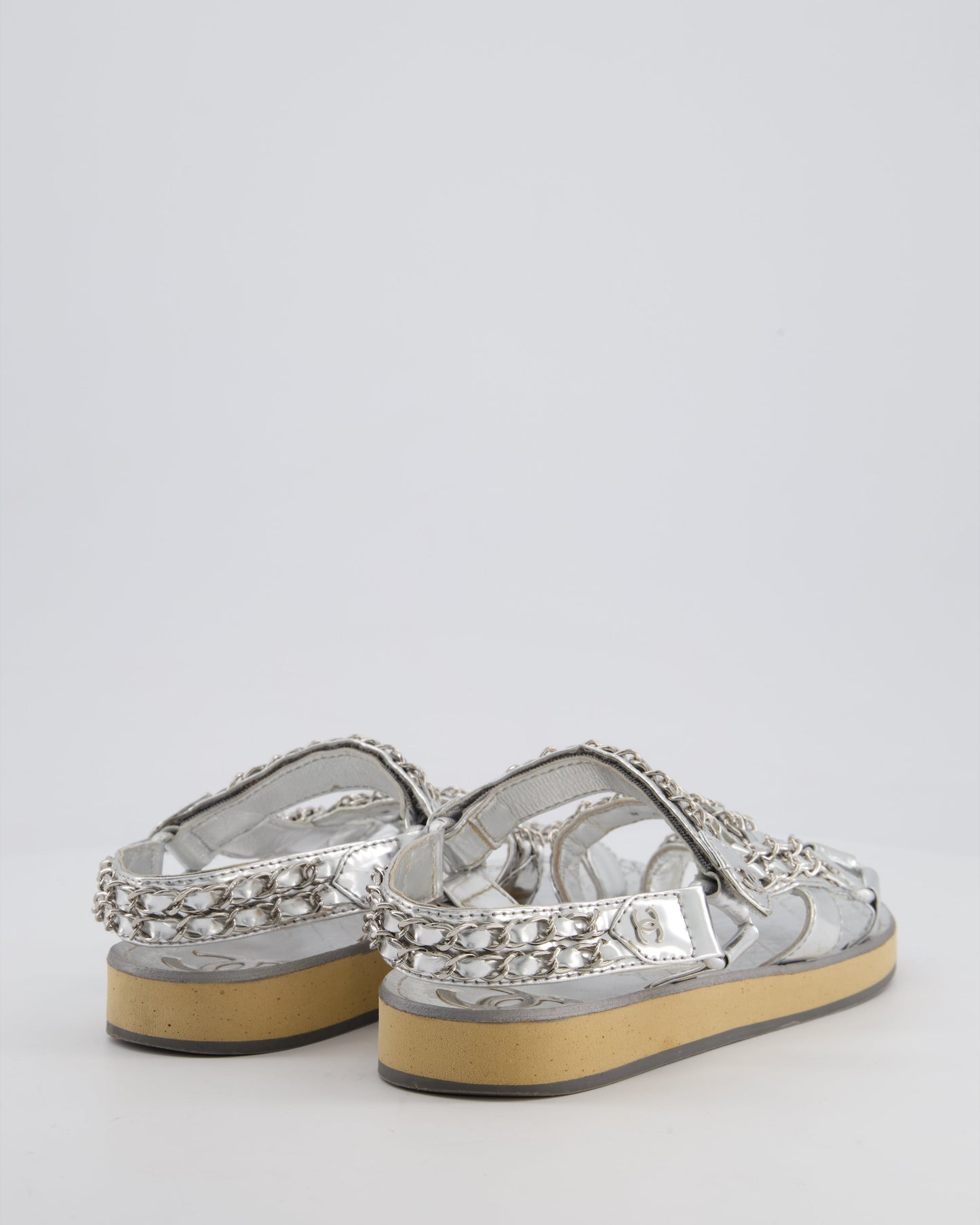 Chanel Silver Laminated Goatskin Dad Sandal with Chain Detail Size Eu 37 for Women
