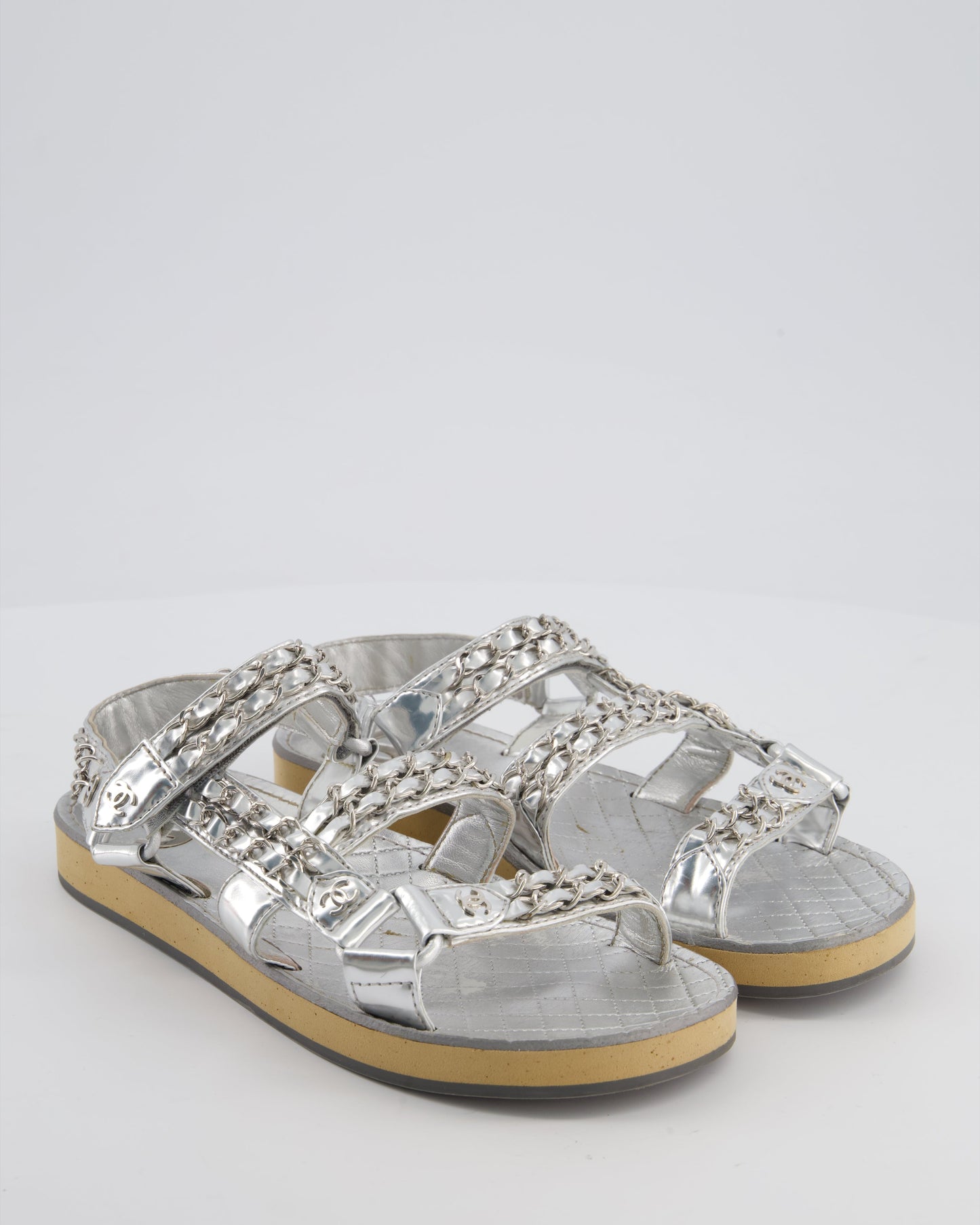 Chanel Silver Laminated Goatskin Dad Sandal with Chain Detail Size Eu 37 for Women