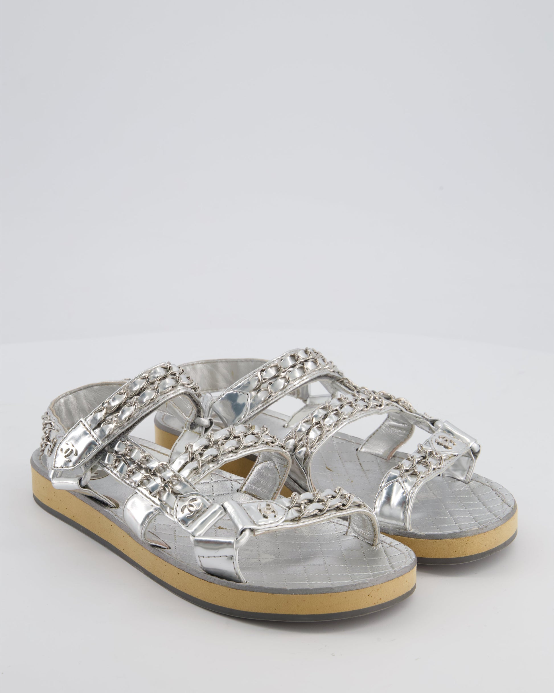 Chanel Silver Laminated Goatskin Dad Sandal with Chain Detail Size Eu 37 for Women