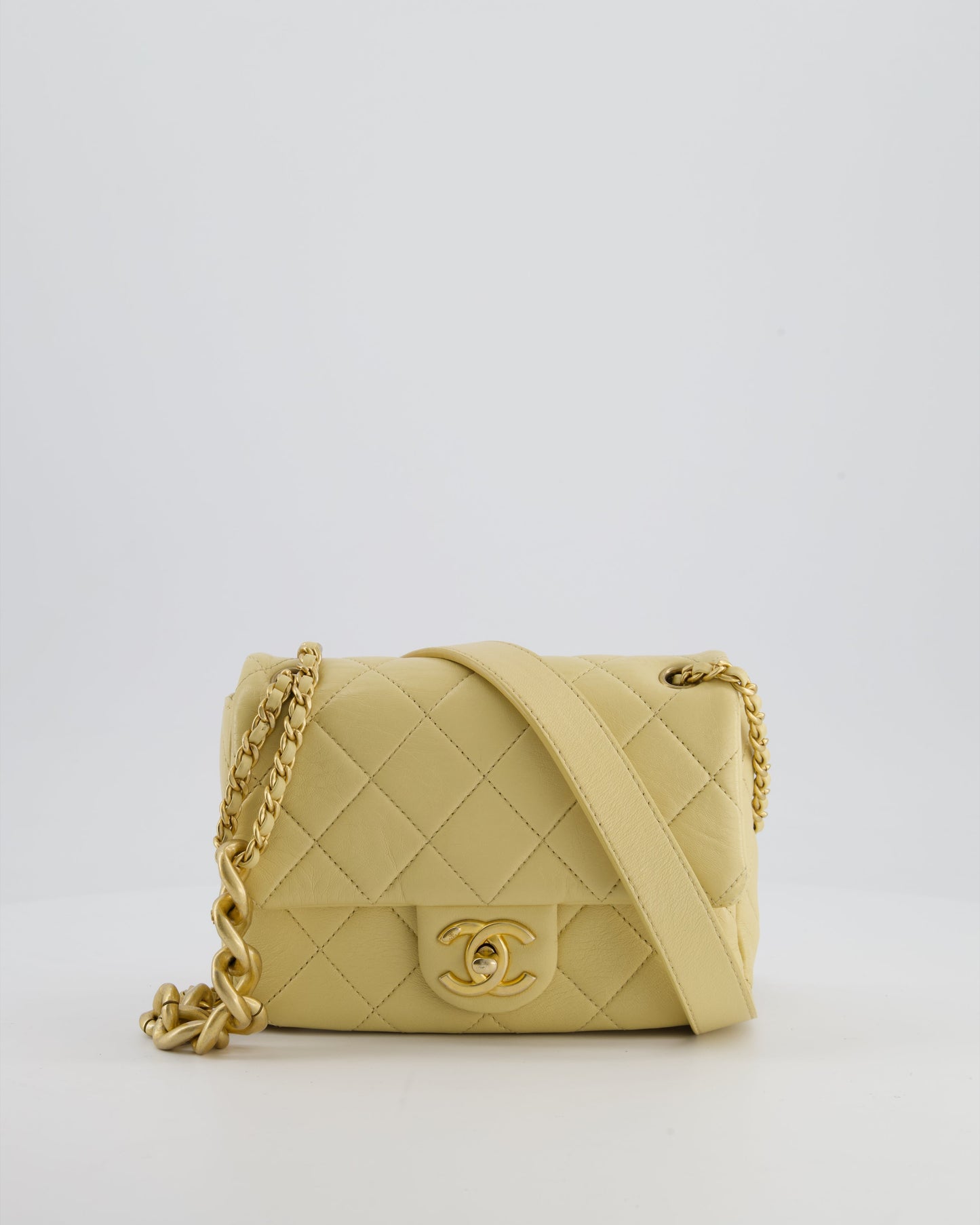 Chanel Mini Flap Bag In Pale Yellow Lambskin Leather With Chunky Chain And Gold Hardware