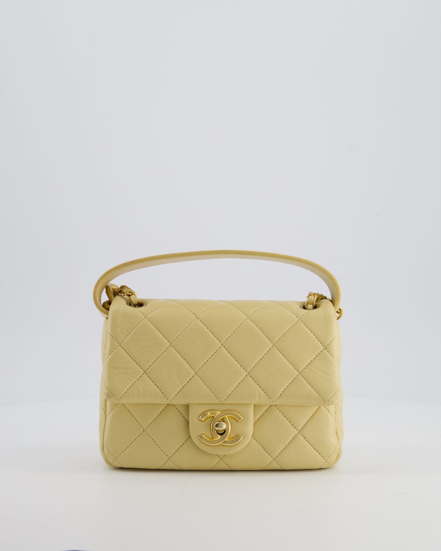 Chanel Mini Flap Bag In Pale Yellow Lambskin Leather With Chunky Chain And Gold Hardware