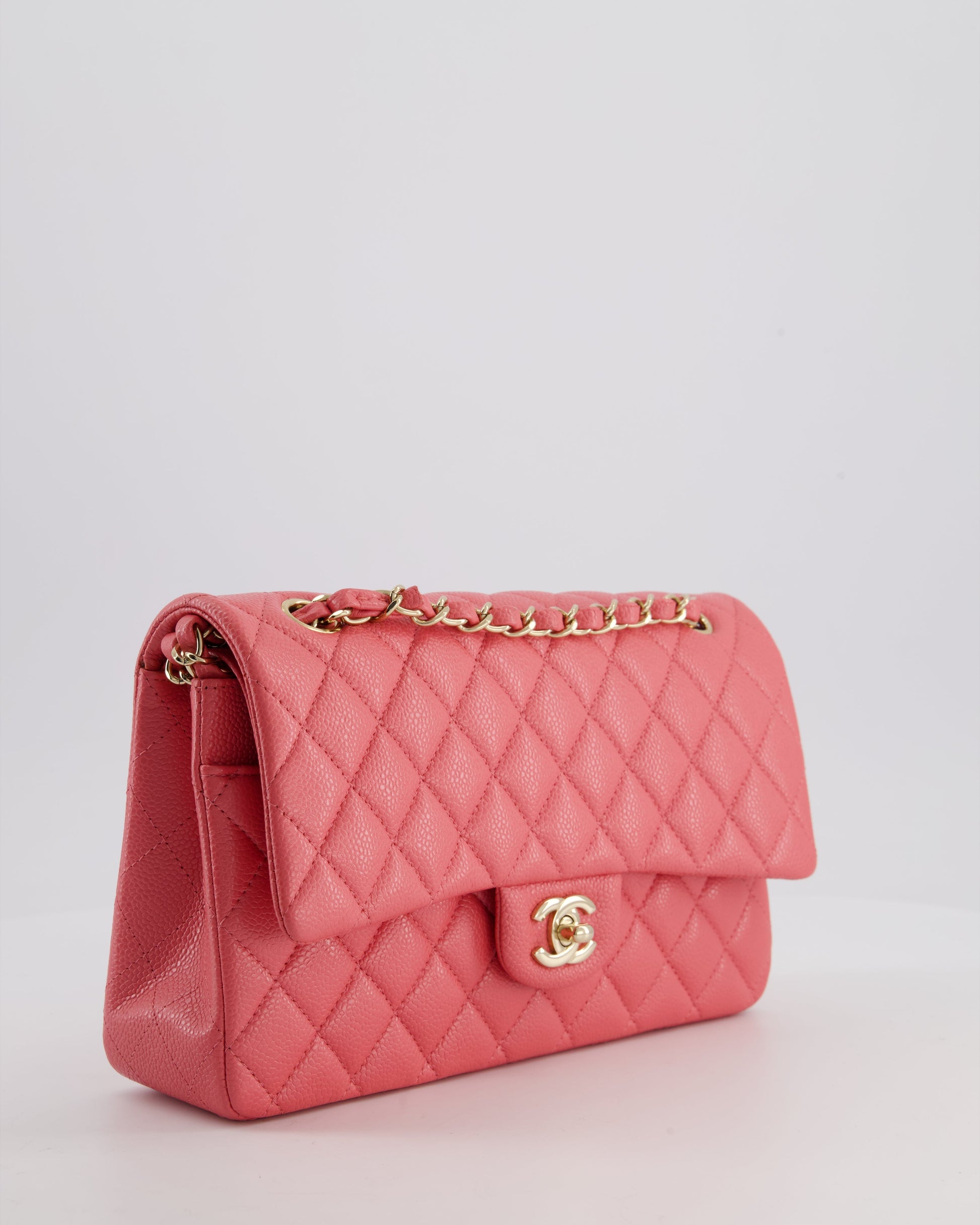 Chanel *hot* Coral Pink Classic Medium Double Flap Bag in Caviar Leather with Champagne Gold Hardware