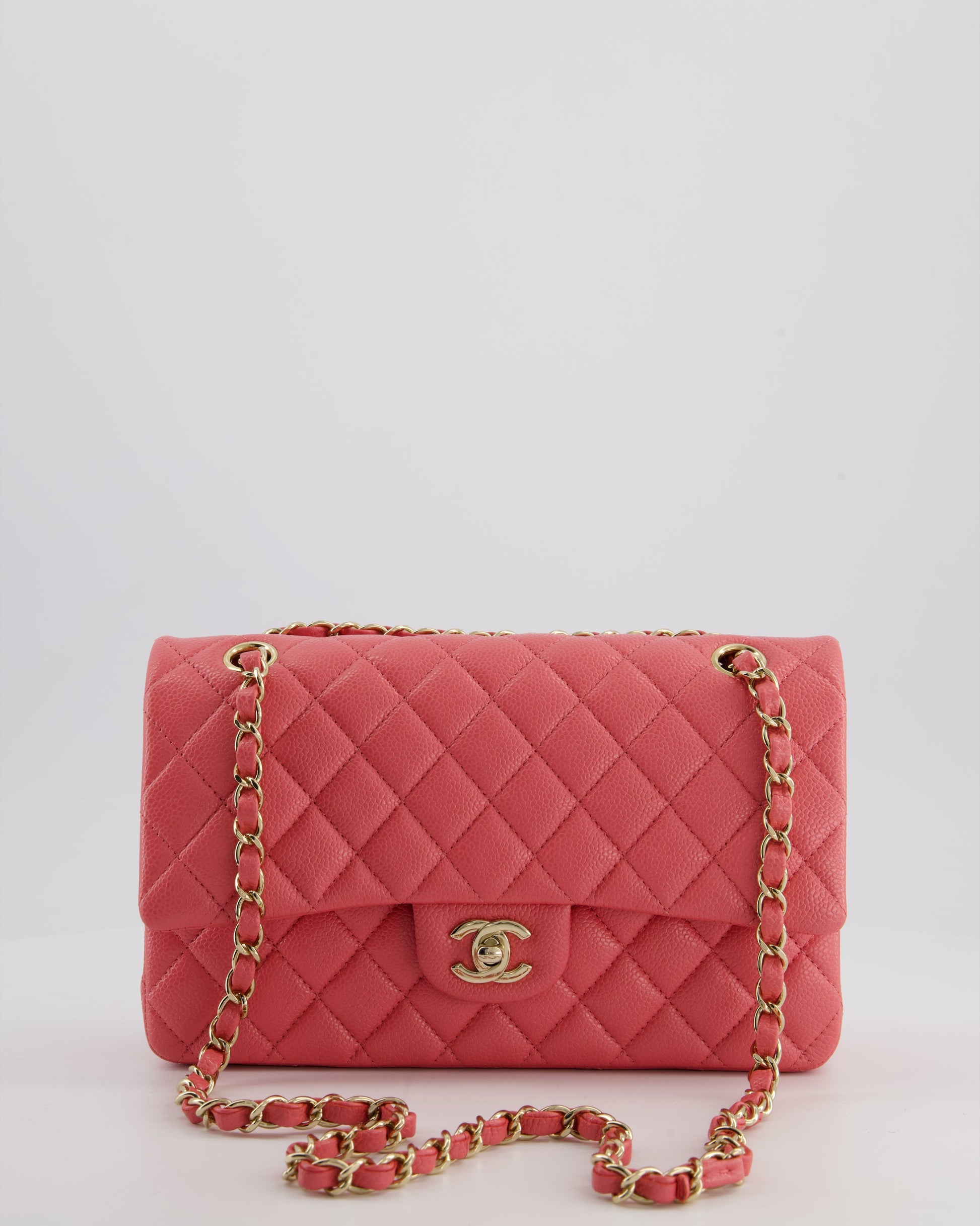 Chanel *hot* Coral Pink Classic Medium Double Flap Bag in Caviar Leather with Champagne Gold Hardware