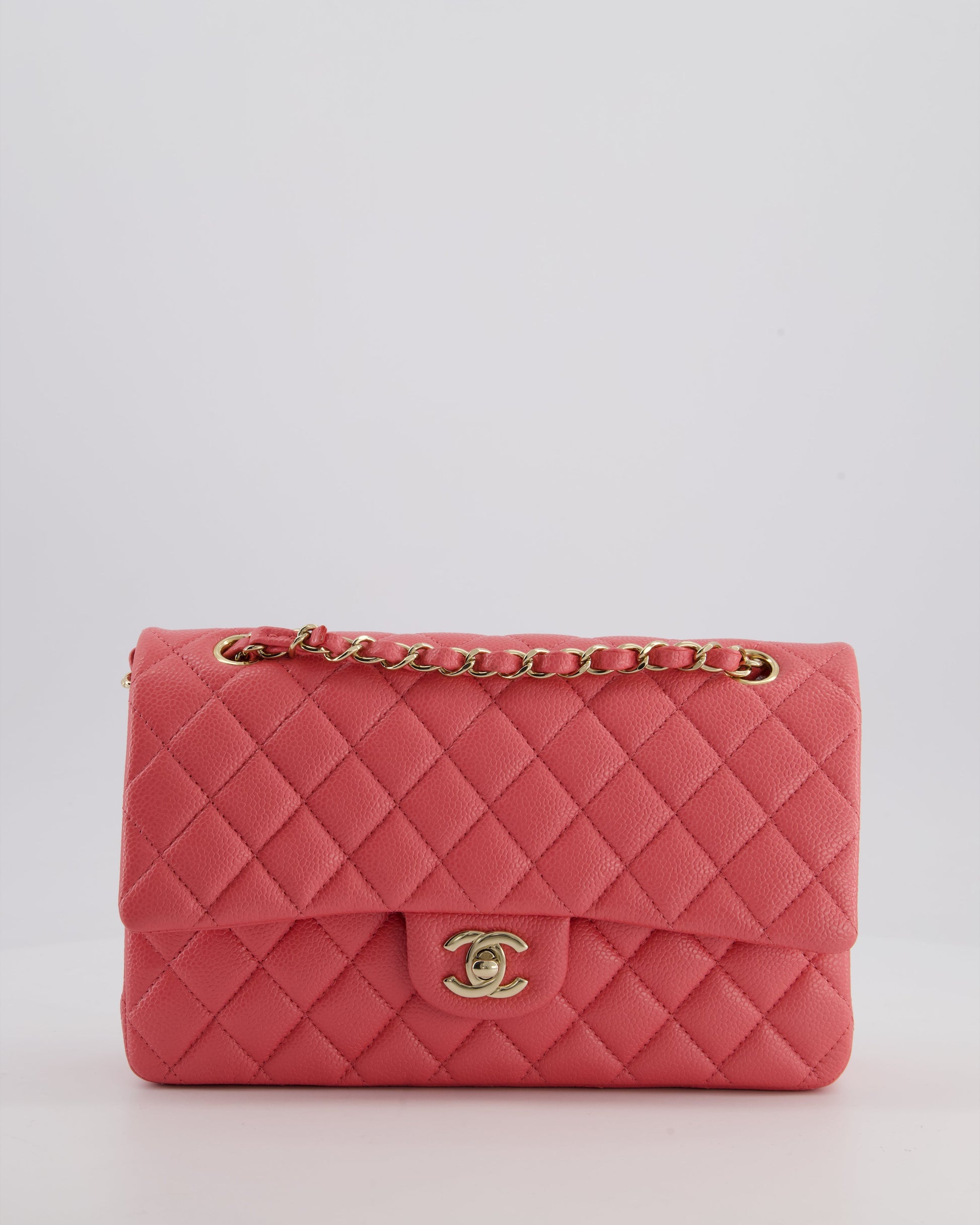 Chanel *hot* Coral Pink Classic Medium Double Flap Bag in Caviar Leather with Champagne Gold Hardware