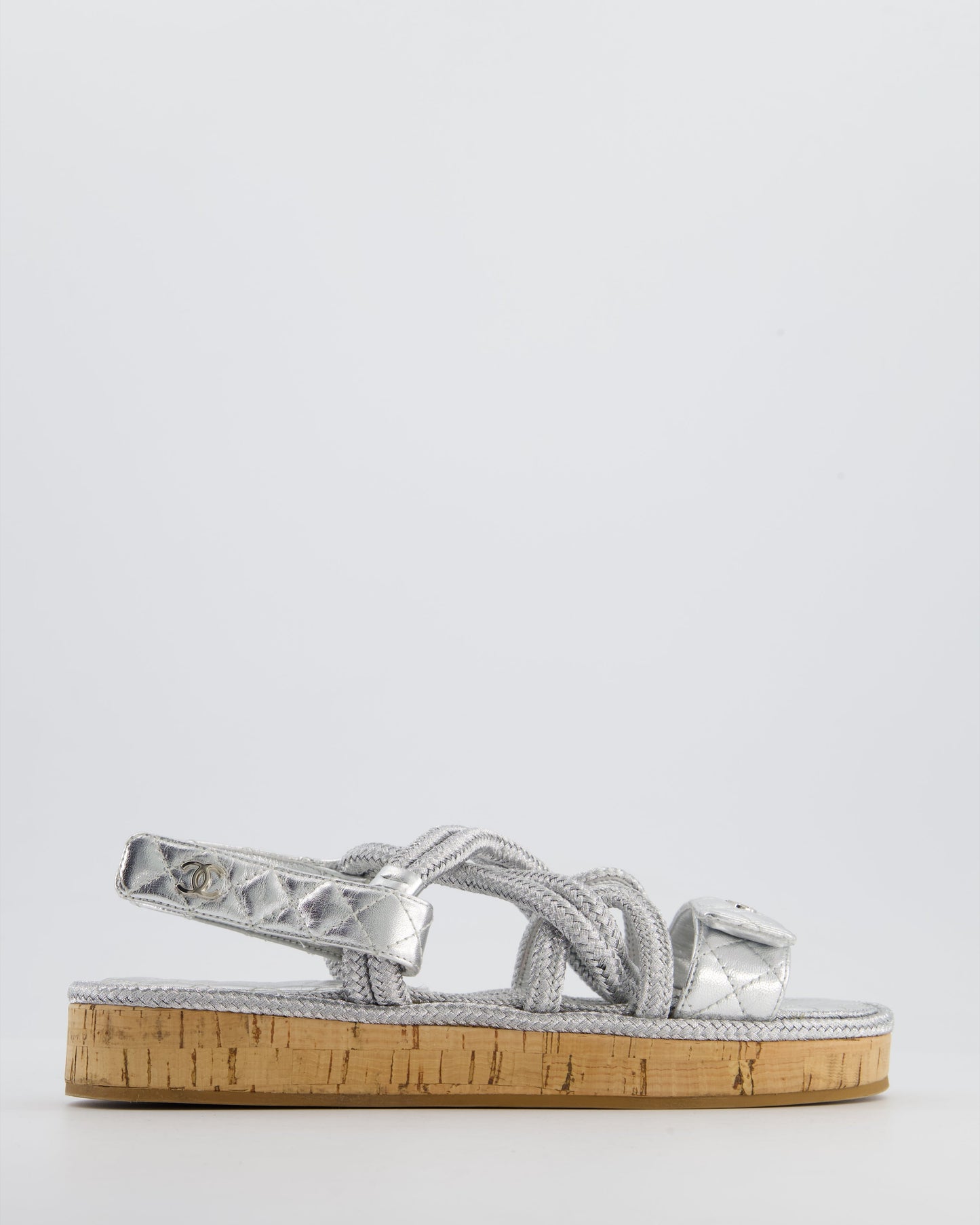 Chanel Metallic Silver Rope & Lambskin Dad Sandals With Silver Cc Logo Details Size 39