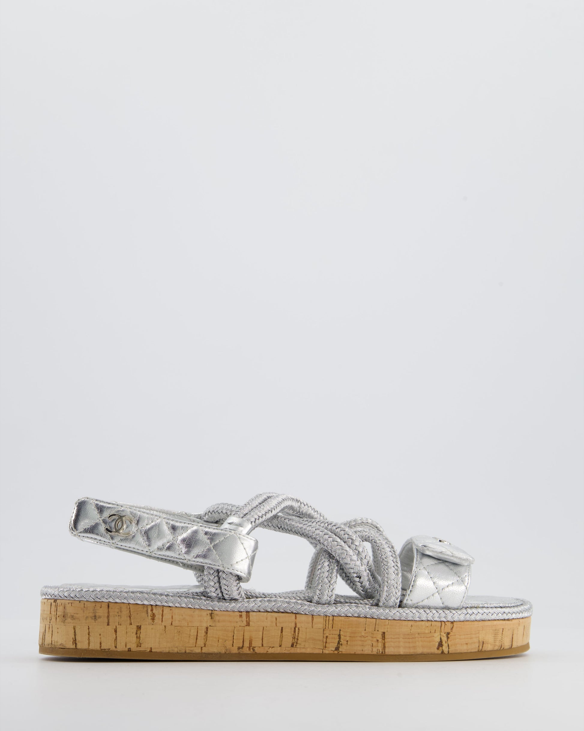 Chanel Metallic Silver Rope & Lambskin Dad Sandals With Silver Cc Logo Details Size 39