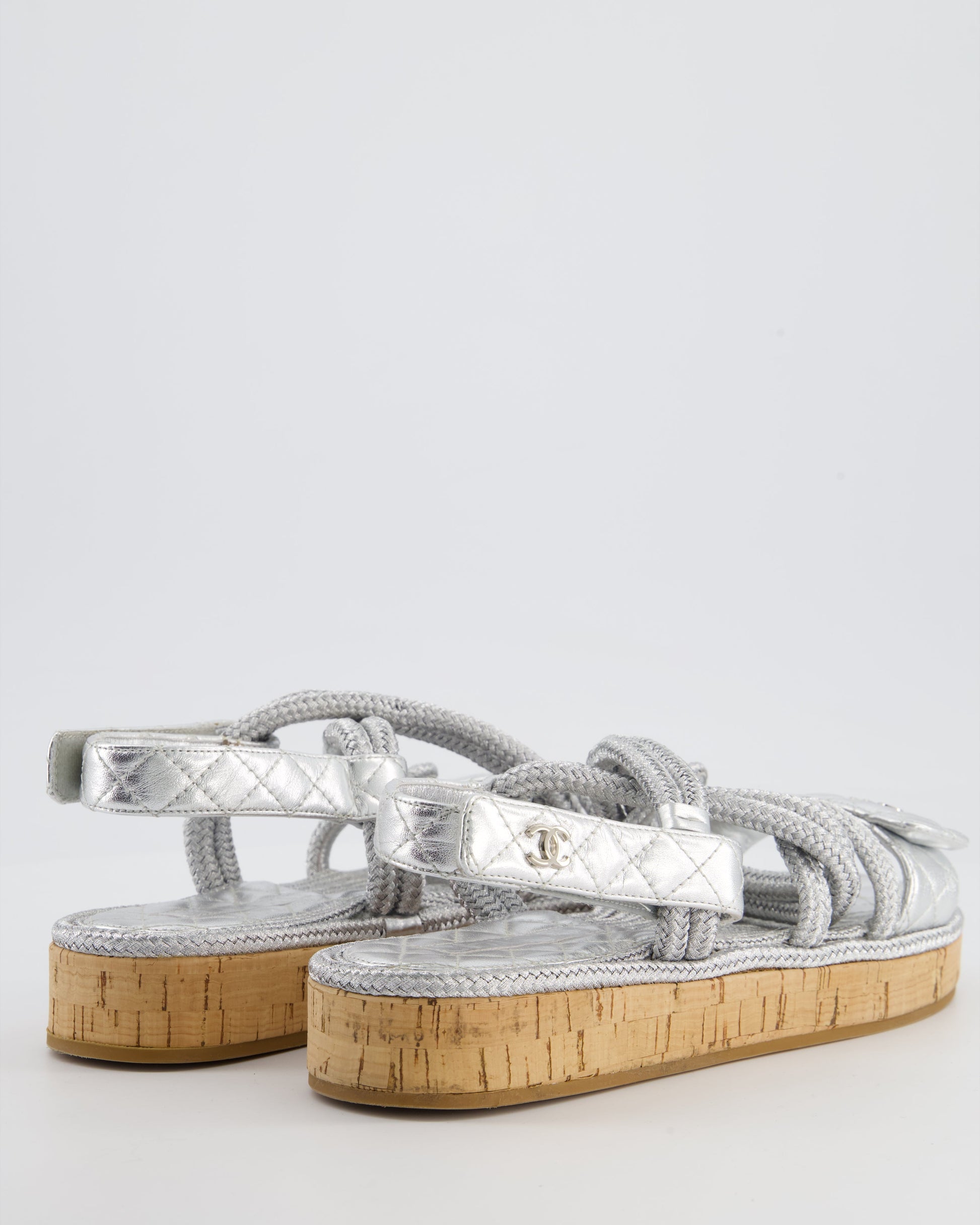 Chanel Metallic Silver Rope & Lambskin Dad Sandals With Silver Cc Logo Details Size 39