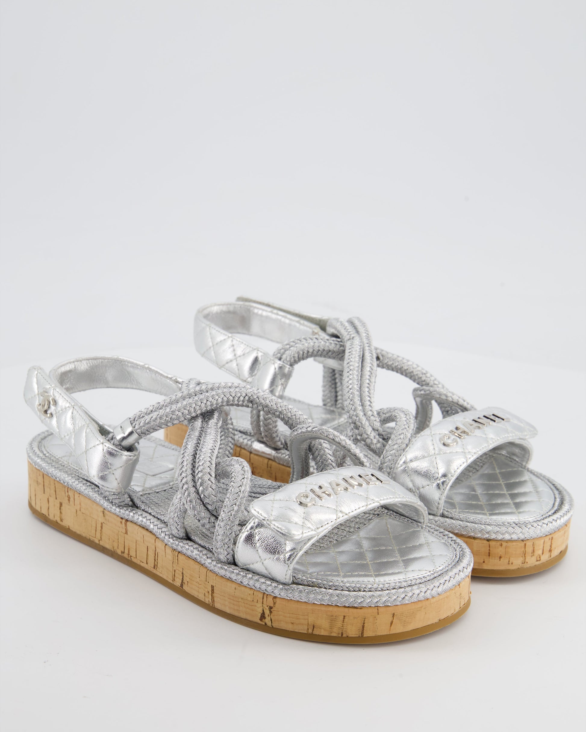 Chanel Metallic Silver Rope & Lambskin Dad Sandals With Silver Cc Logo Details Size 39