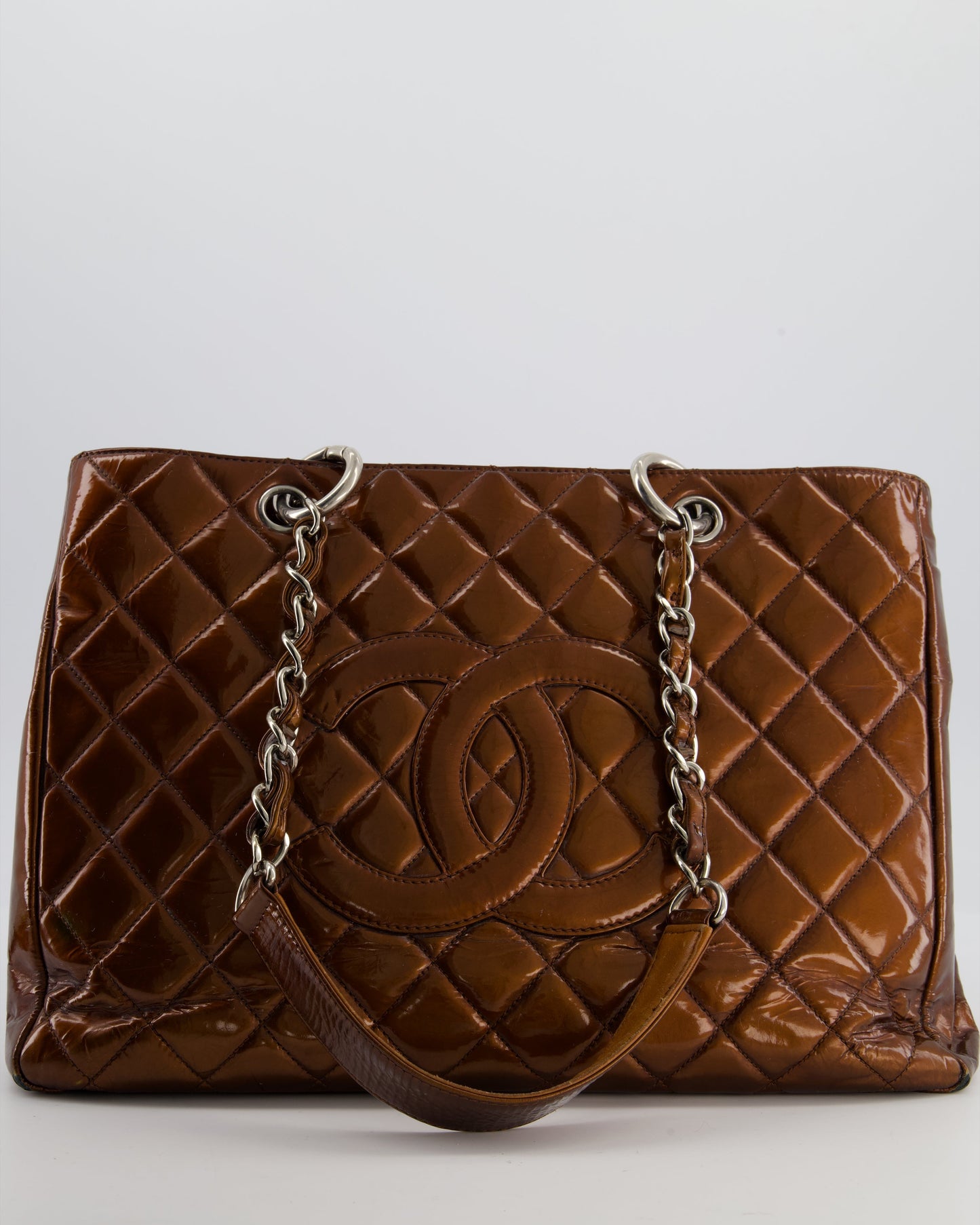 Chanel Bronze Gst Grand Shopper Tote Bag in Patent Leather with Silver Hardware