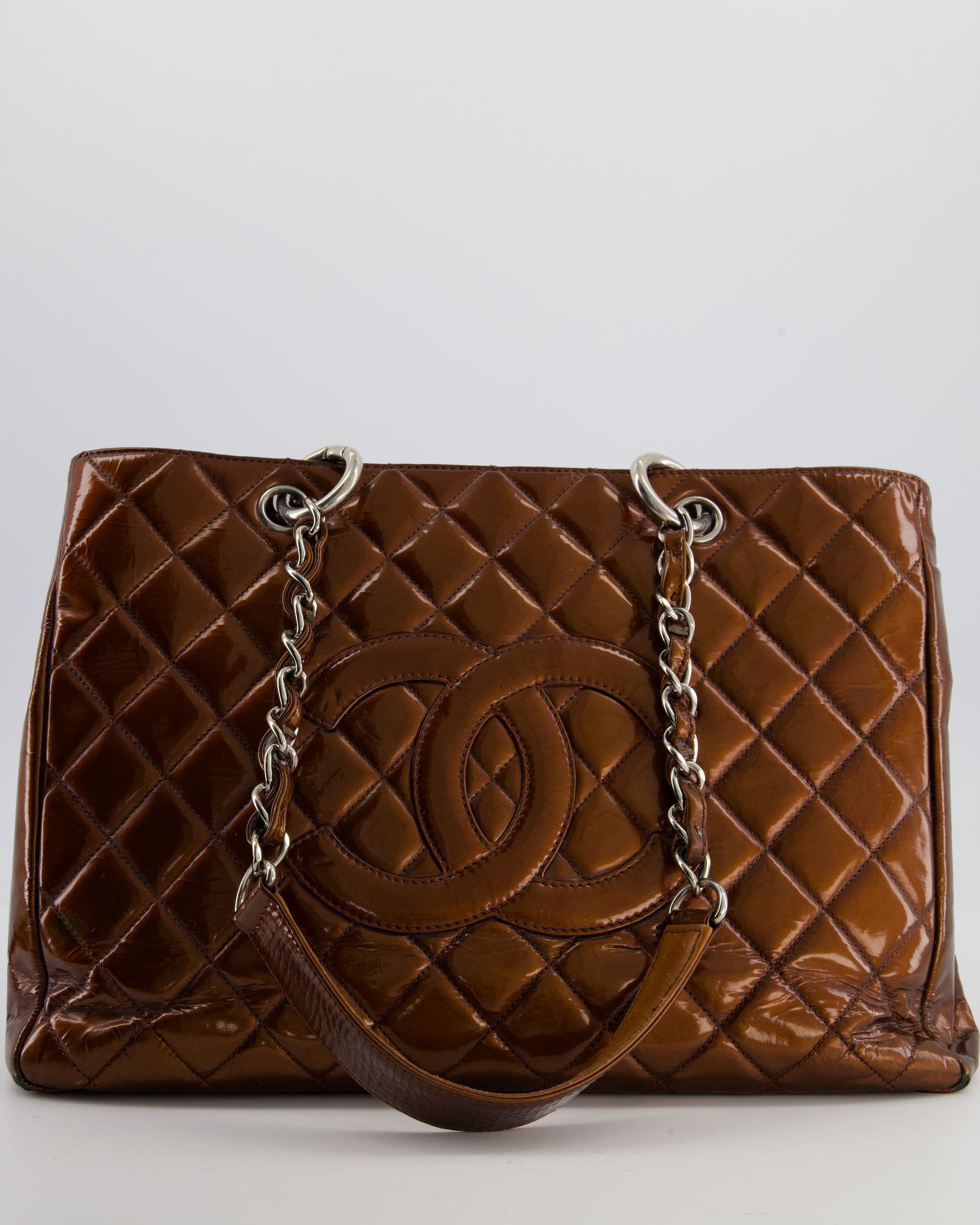 Chanel Bronze Gst Grand Shopper Tote Bag in Patent Leather with Silver Hardware