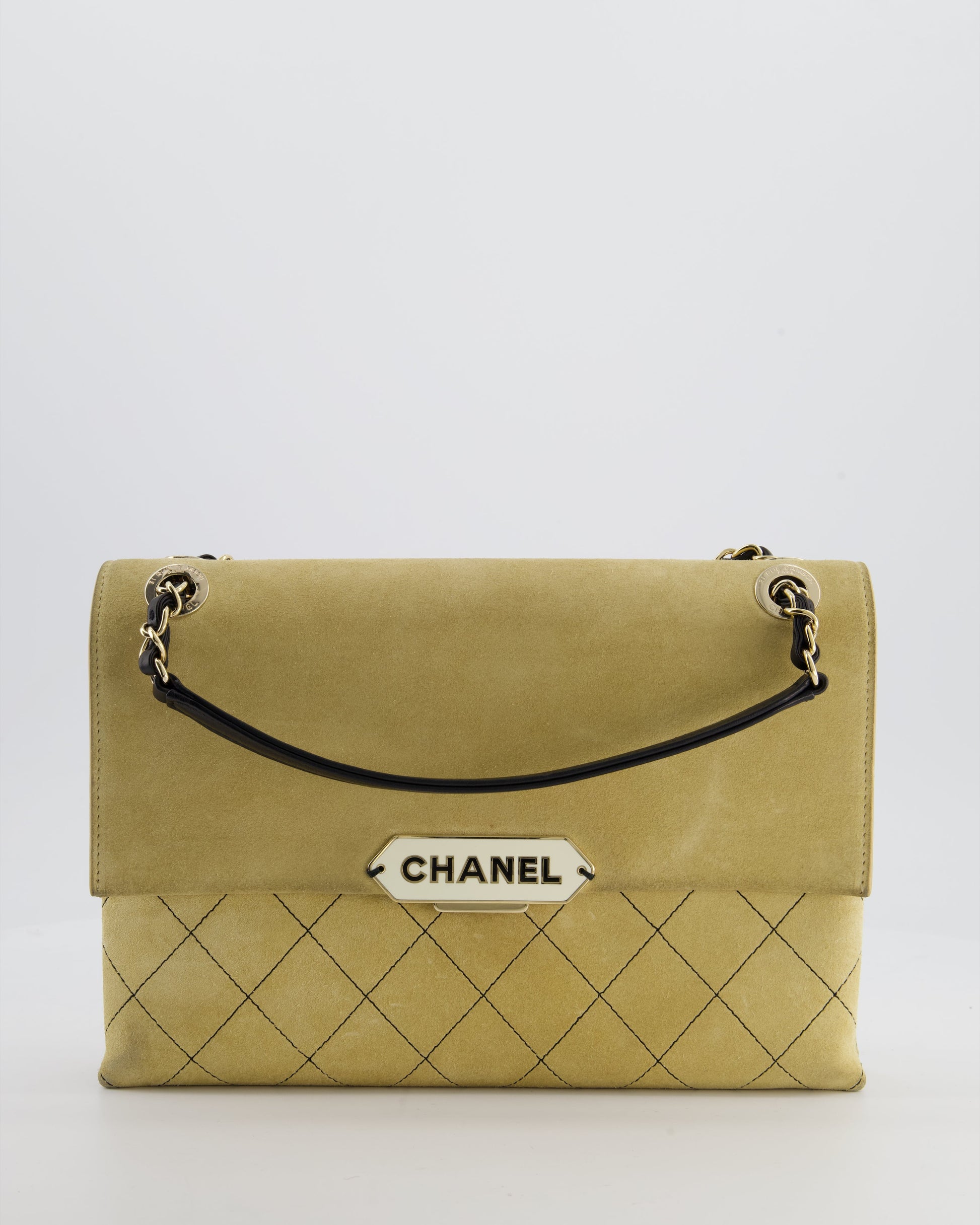 Chanel Beige Retro Label Matelasse Suede Flap Bag With Black Leather Chain & Champagne Gold Hardware