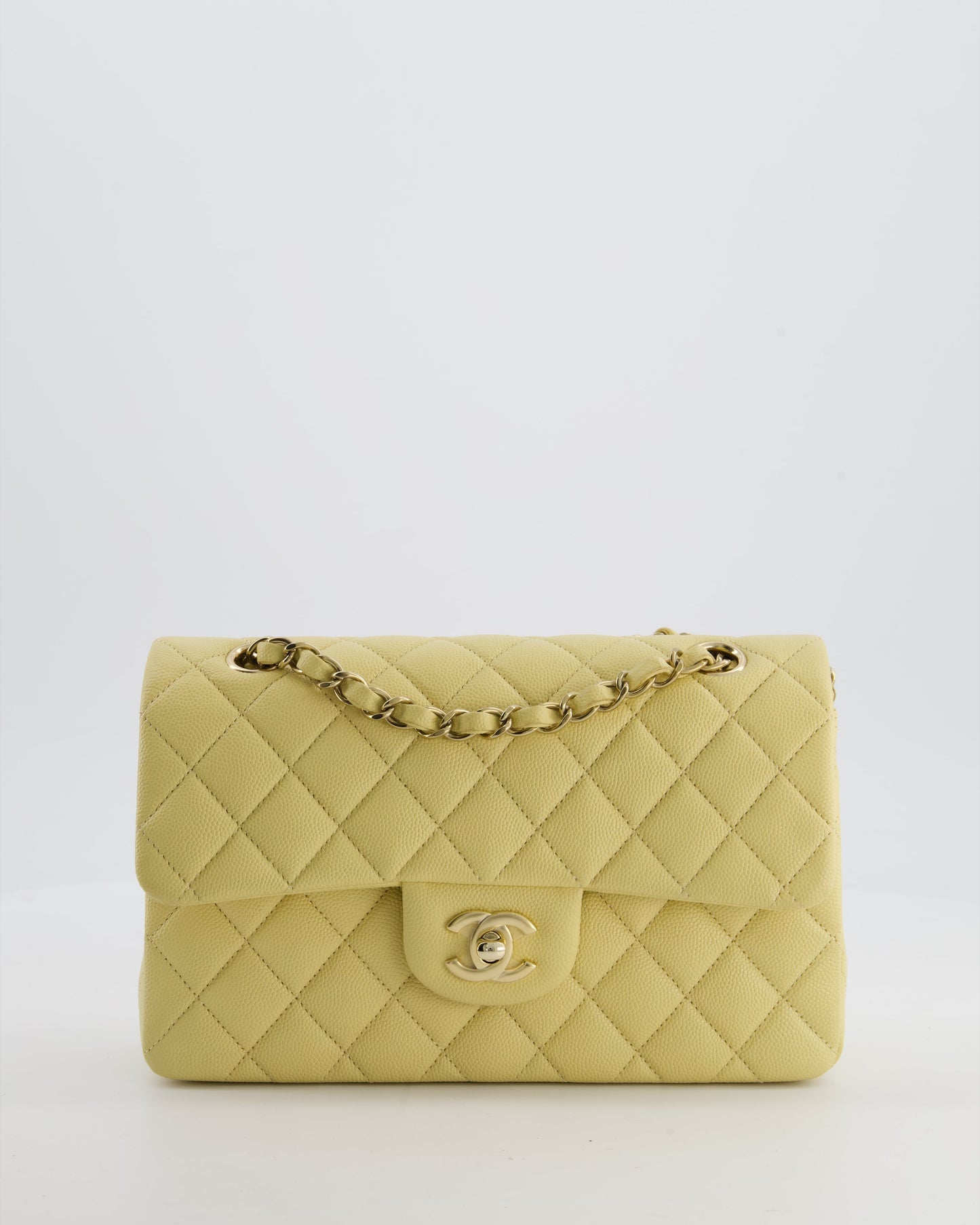 *RARE COLOUR* Chanel Small Classic Double Flap Bag in Butter Yellow Caviar Leather with Champagne Gold Hardware