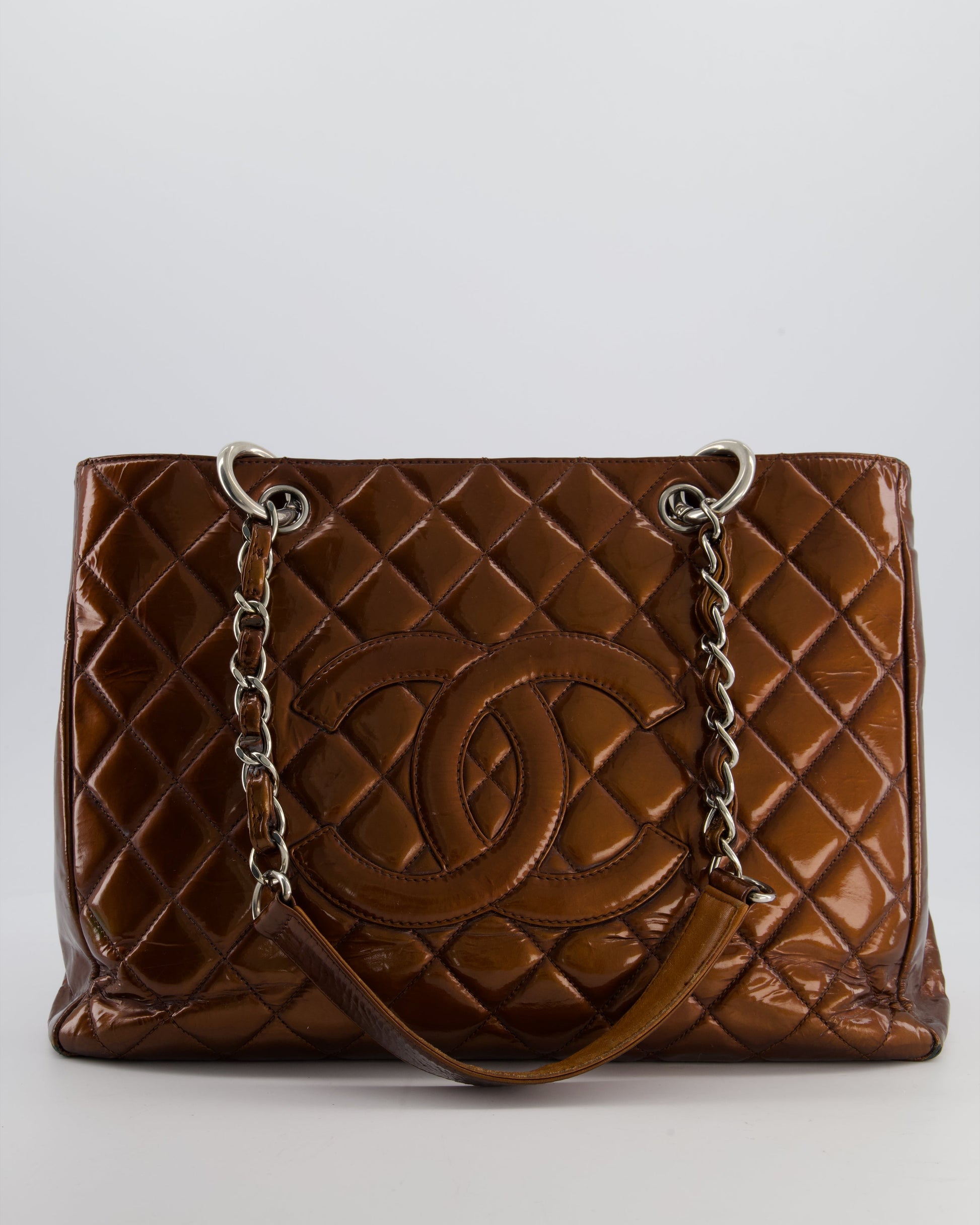 Chanel Bronze Gst Grand Shopper Tote Bag in Patent Leather with Silver Hardware