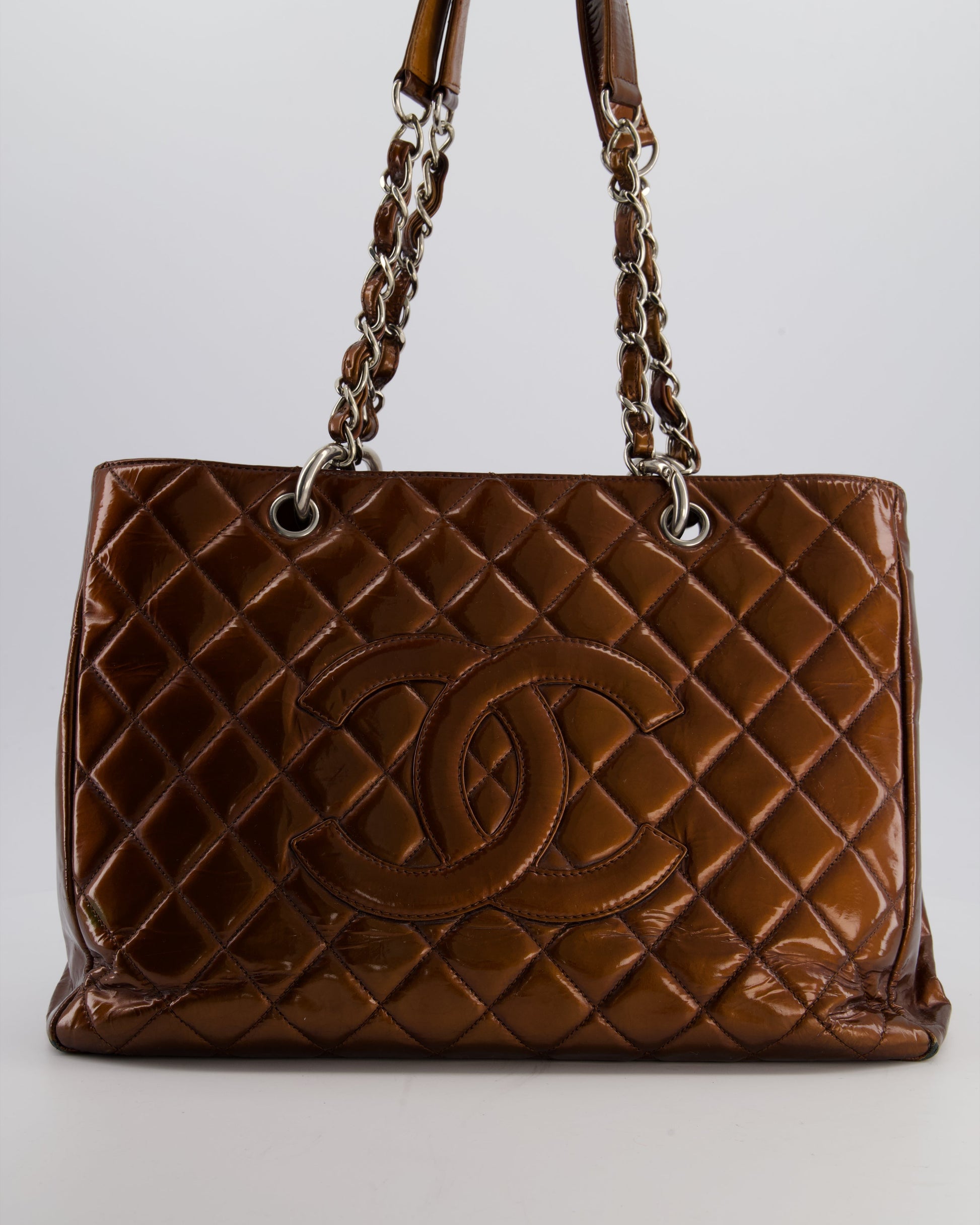 Chanel Bronze Gst Grand Shopper Tote Bag in Patent Leather with Silver Hardware