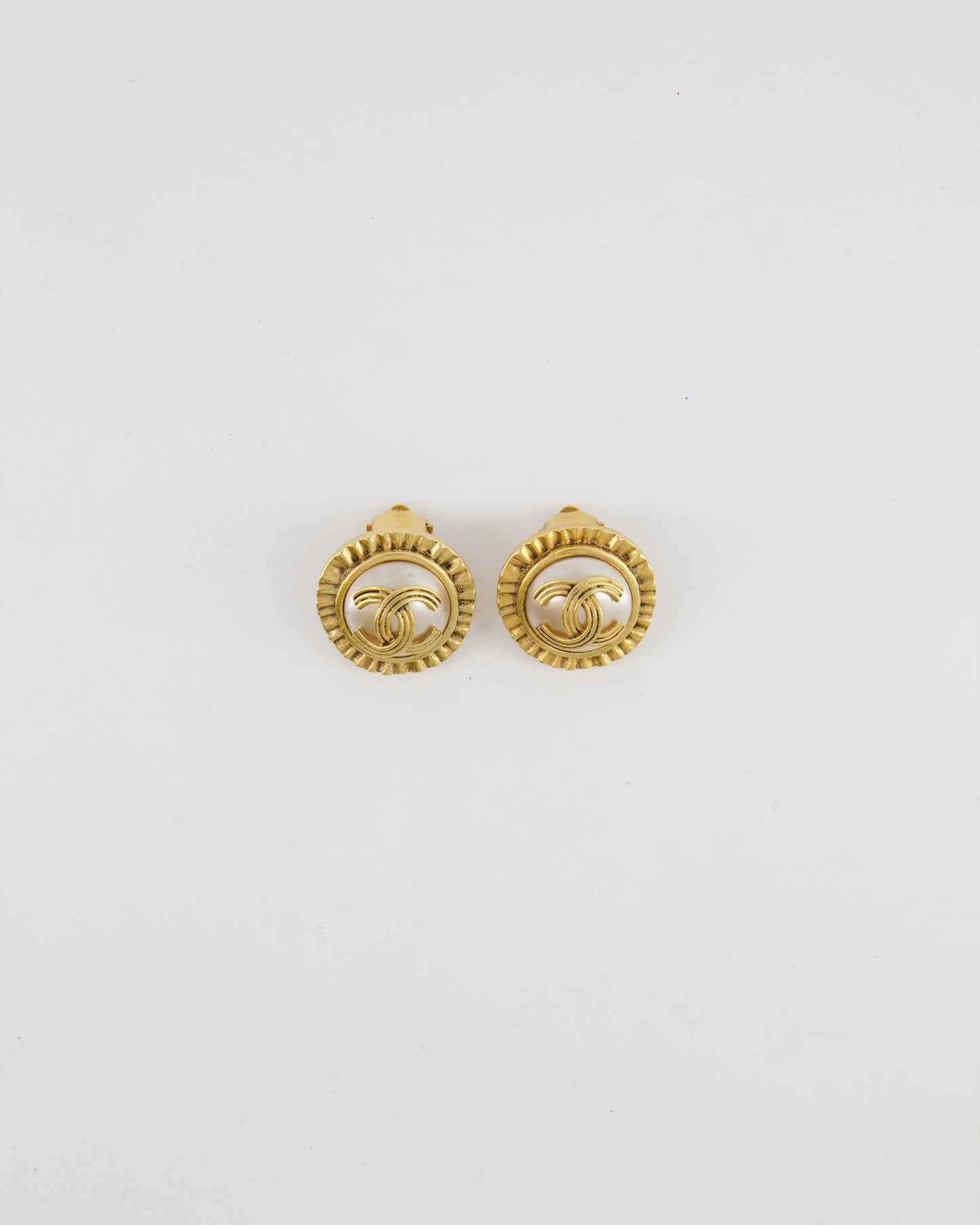 Chanel 94A Mother Of Pearl And Gold Clip On Earrings With Rouched Border Detail And Cc Logo