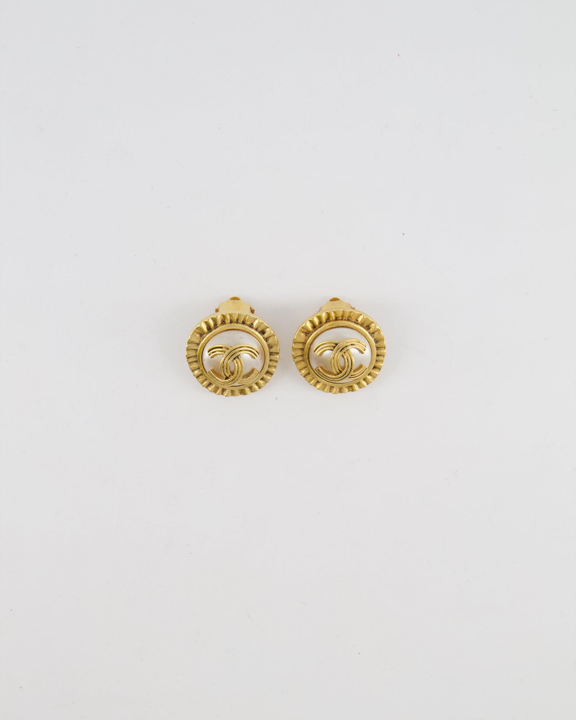 Chanel 94A Mother Of Pearl And Gold Clip On Earrings With Rouched Border Detail And Cc Logo