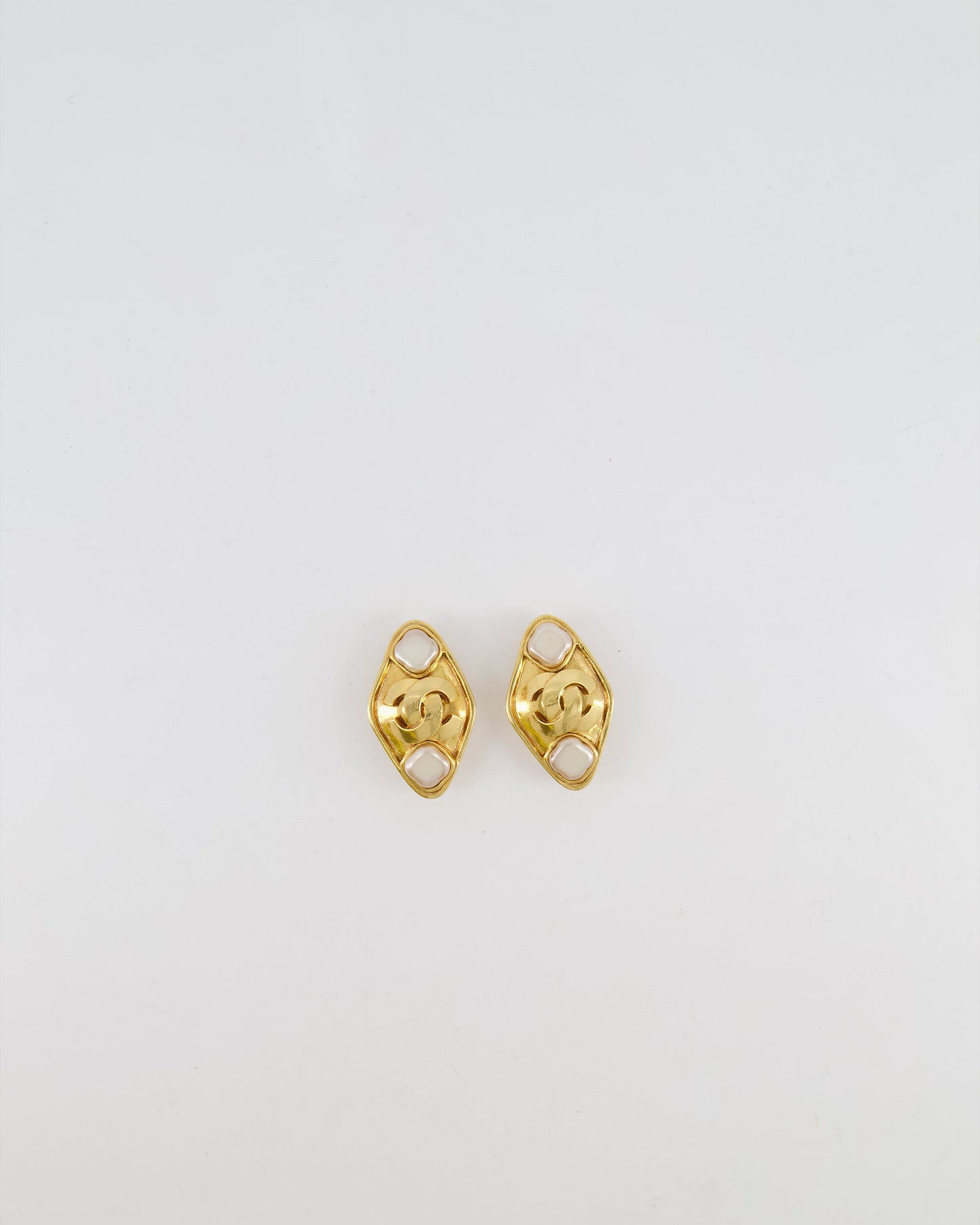 Chanel   95P Gold Rhombus Shaped Clip on Earrings with Mother of Pearl and CC Logo