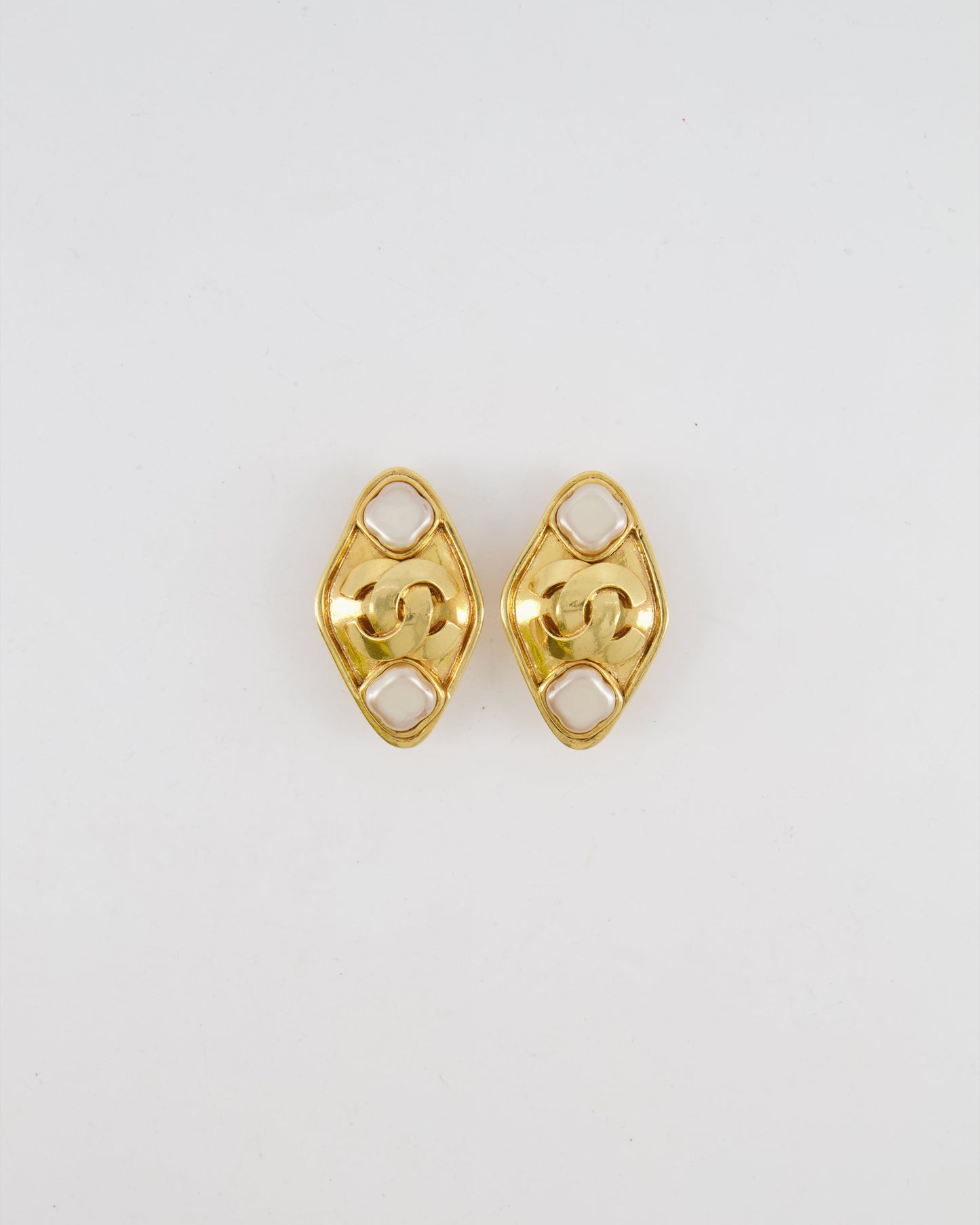 Chanel   95P Gold Rhombus Shaped Clip on Earrings with Mother of Pearl and CC Logo