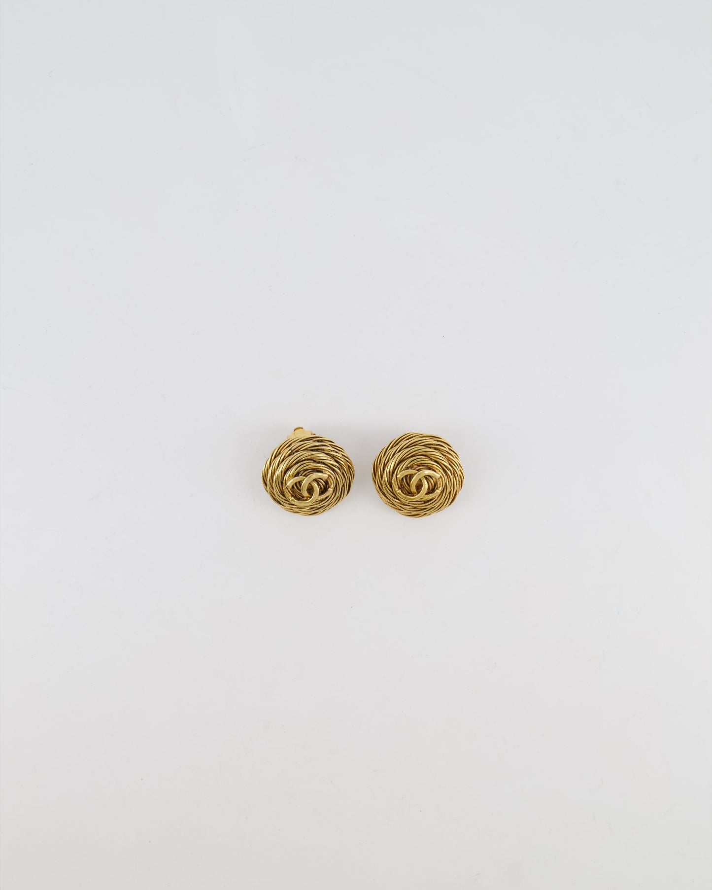 Chanel   94A Gold Round Cabled Spiral Clip on Earrings with CC Logo Detail