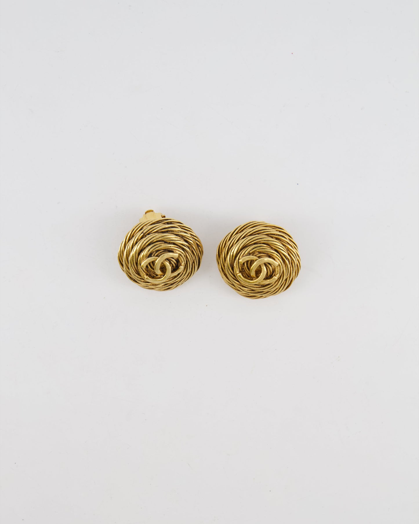 Chanel   94A Gold Round Cabled Spiral Clip on Earrings with CC Logo Detail