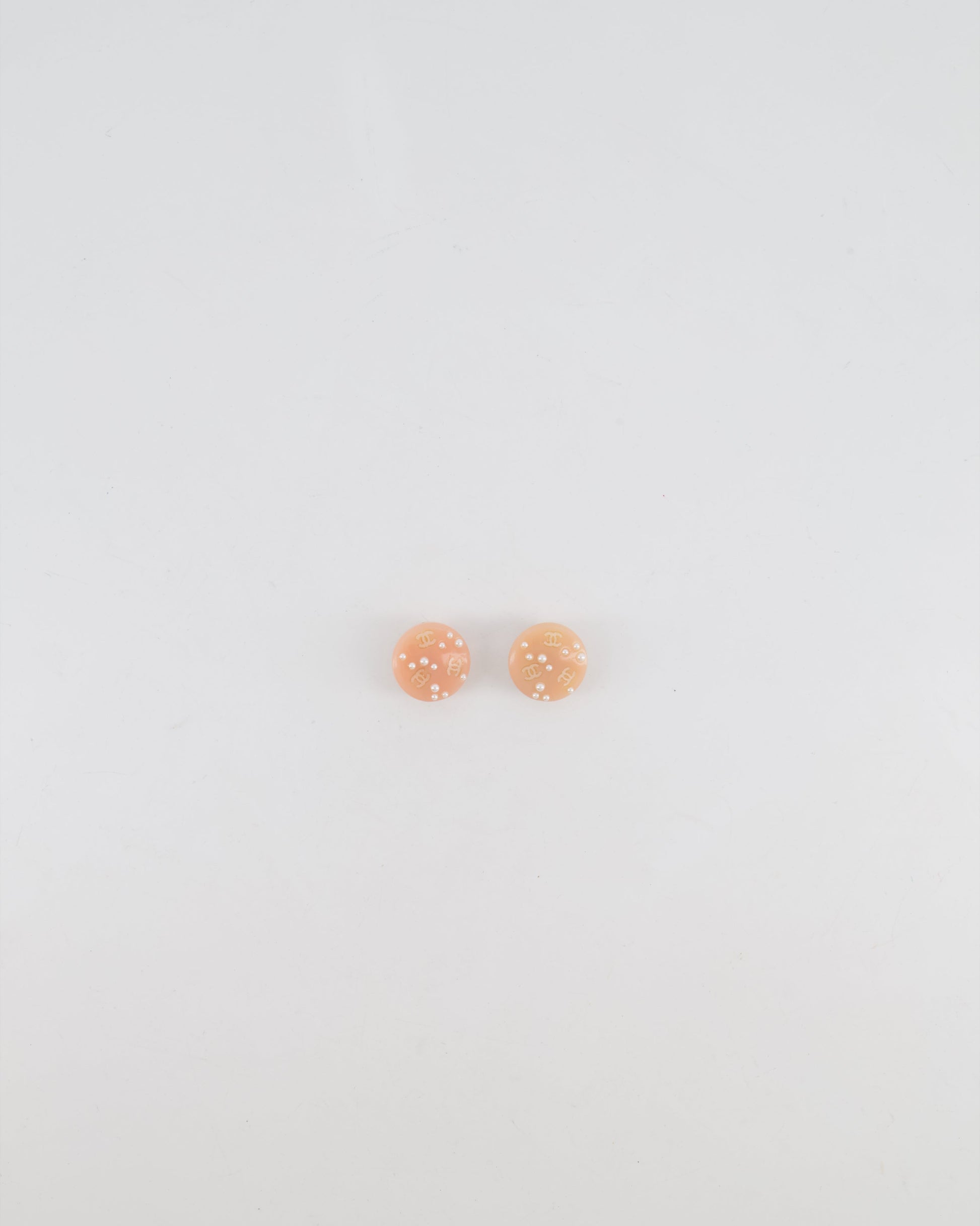 Chanel Blush Pink Round Clip on Earrings with Pearl Embellishments and CC Logo Details