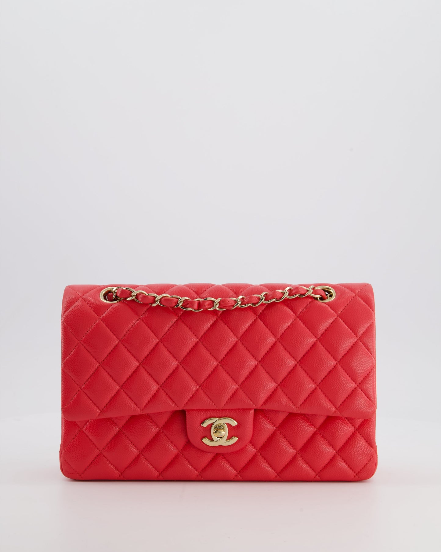 Chanel Iridescent Coral Red Classic Medium Double Flap Bag In Caviar Leather With Champagne Gold Hardware