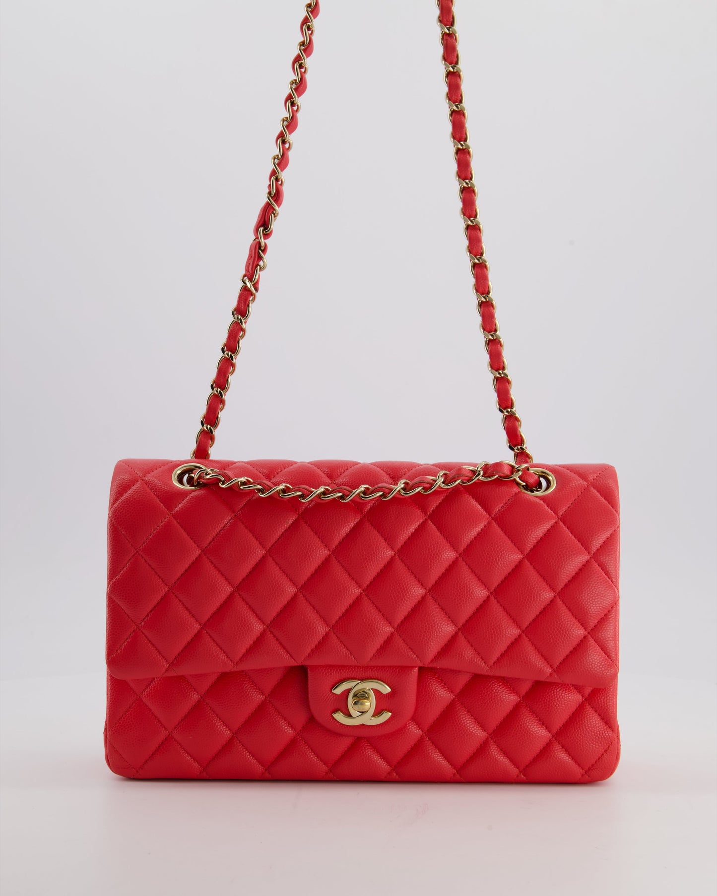 Chanel Iridescent Coral Red Classic Medium Double Flap Bag In Caviar Leather With Champagne Gold Hardware