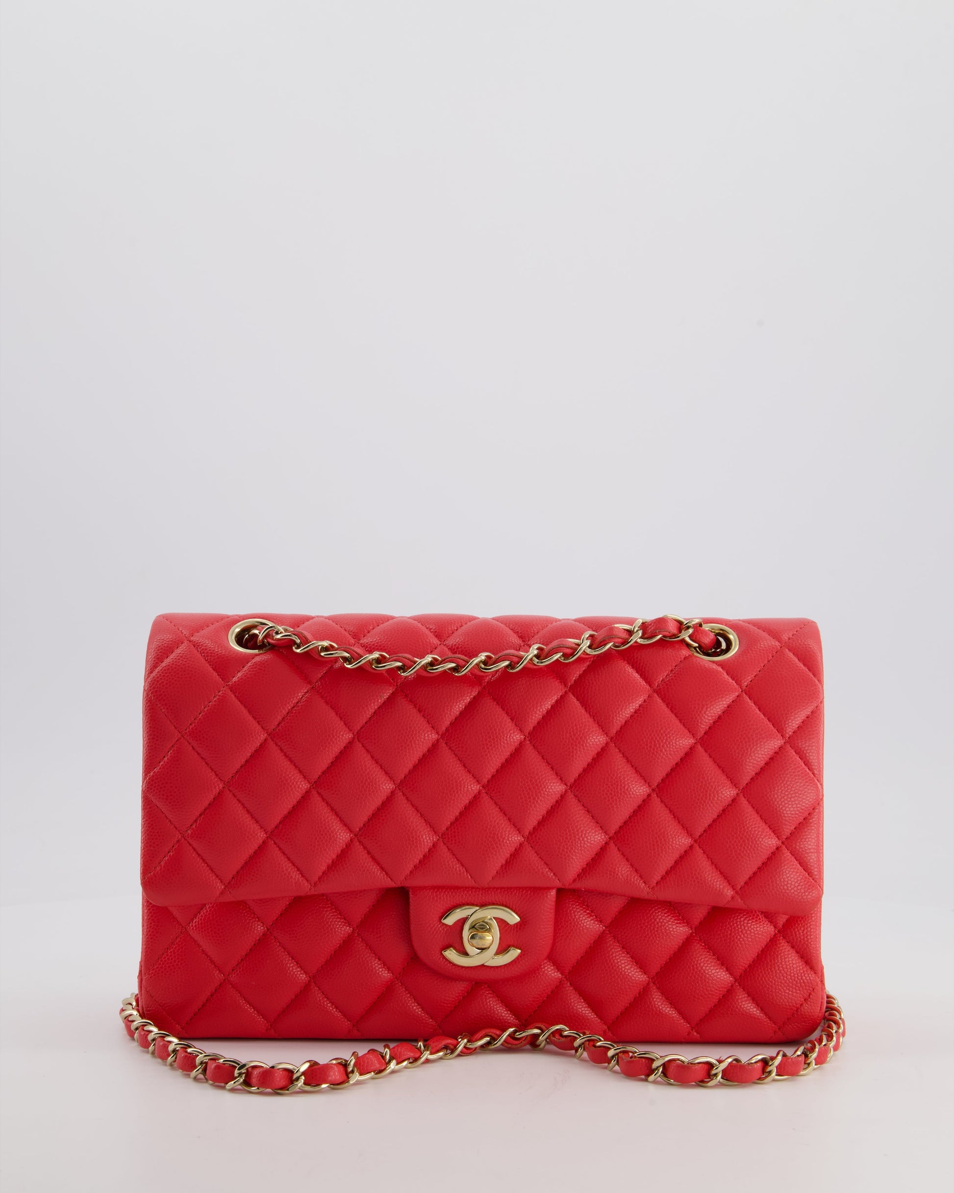 Chanel Iridescent Coral Red Classic Medium Double Flap Bag In Caviar Leather With Champagne Gold Hardware