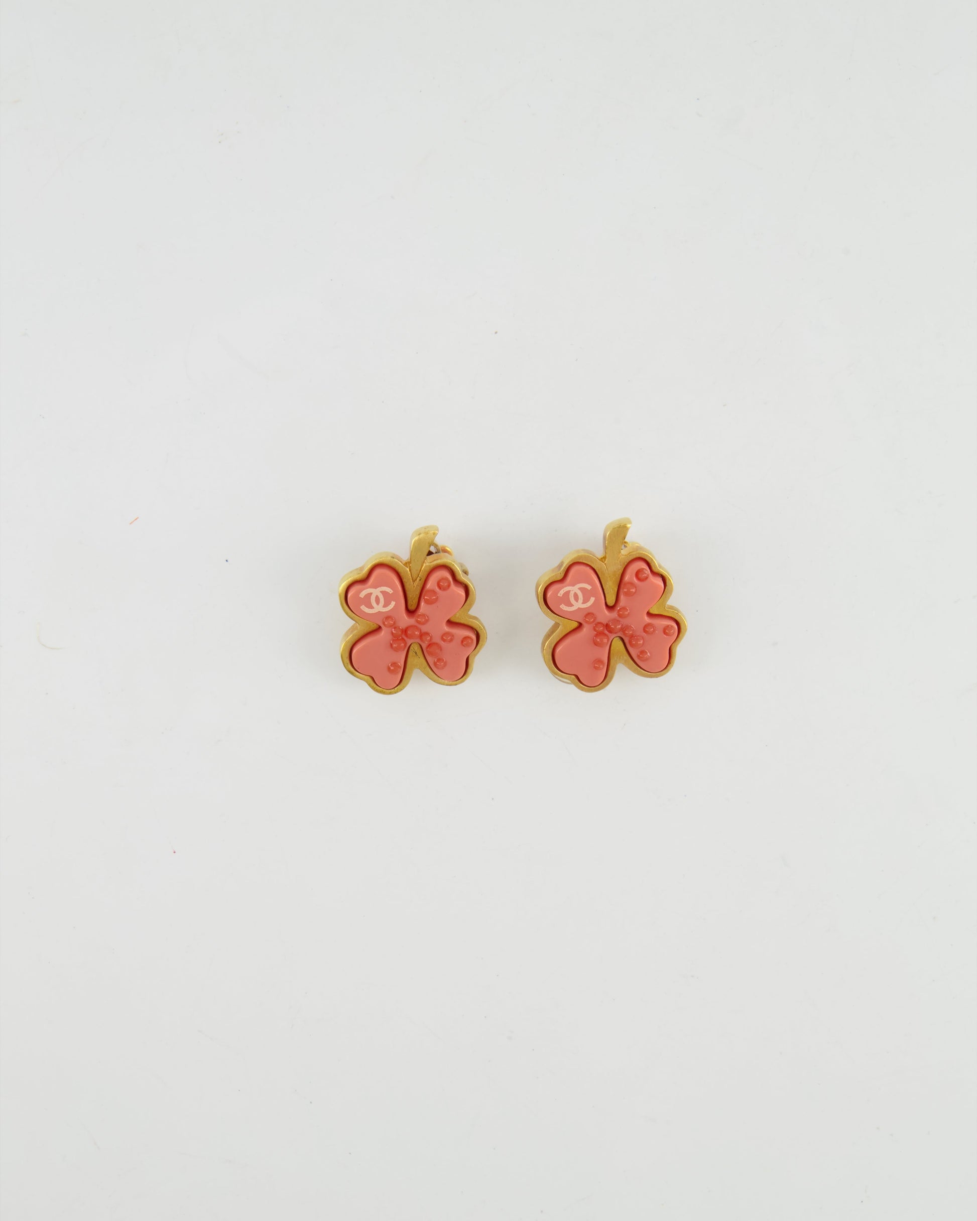 Chanel Brushed Gold And Pink Clover Clip On Earrings With Cc Logo And Beads Details