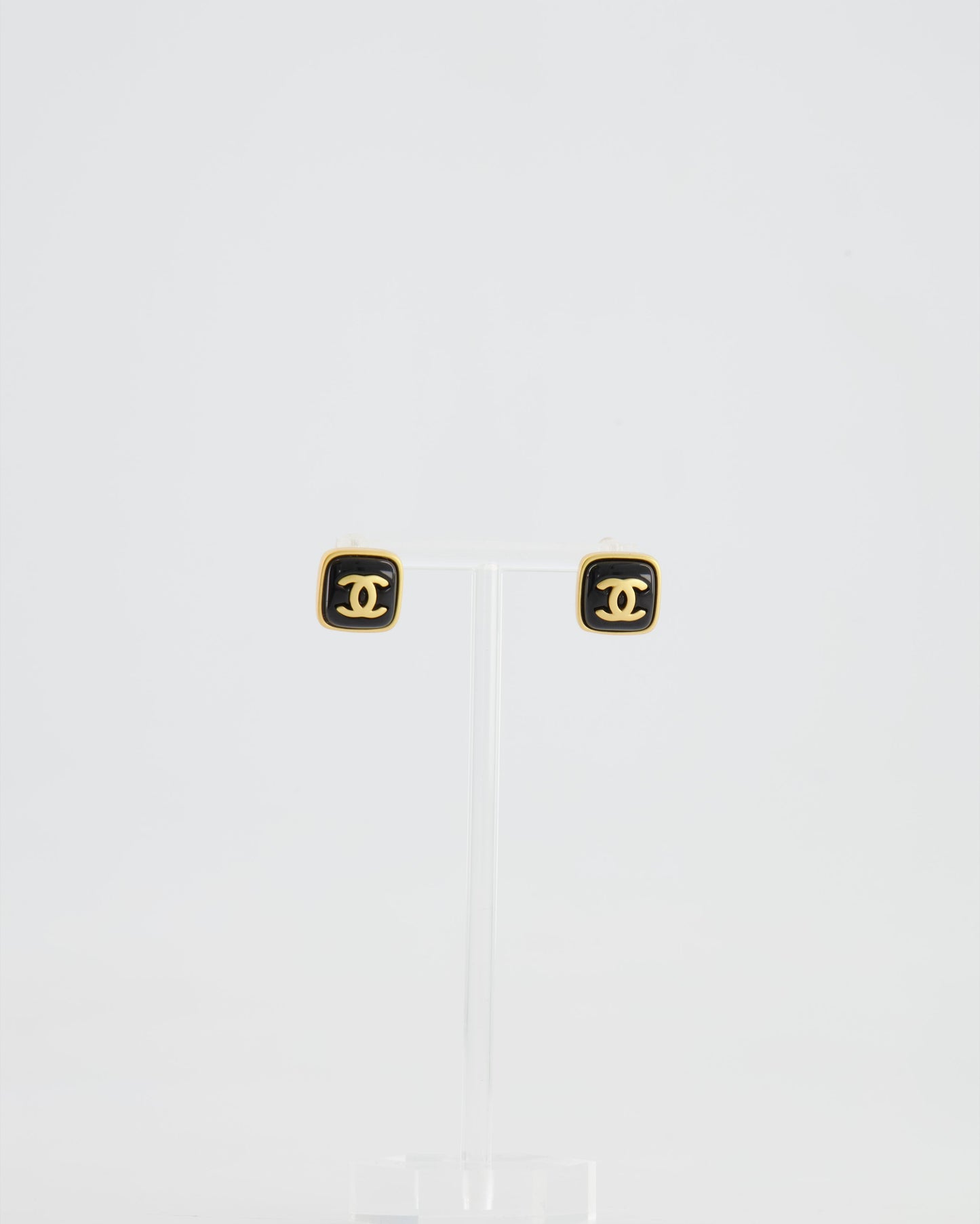 Chanel 25A Brushed Gold and Black CC Logo Small Square Earrings