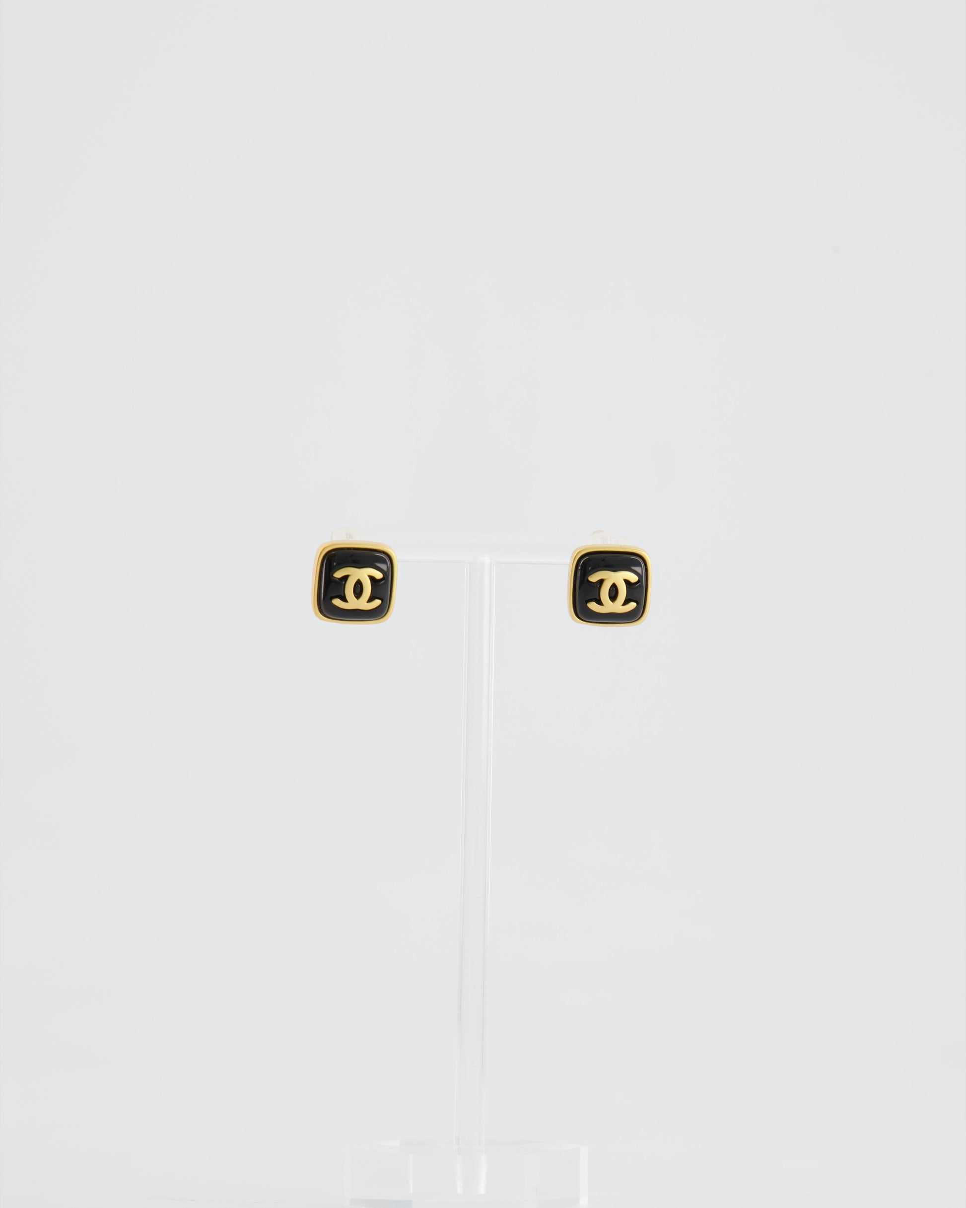 Chanel 25A Brushed Gold and Black CC Logo Small Square Earrings
