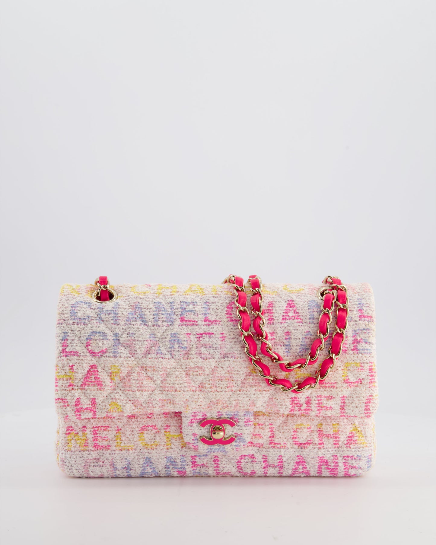 Chanel 2024 White & Pastel Multicolour Tweed Medium Classic Double Flap Bag with Pink, Gold Hardware