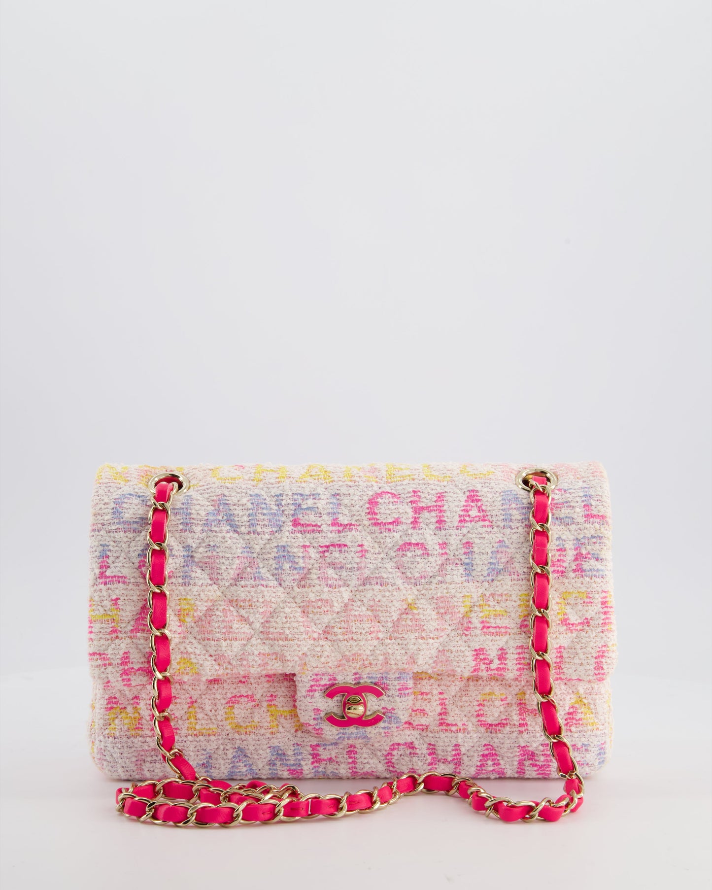 Chanel White & Pastel Multicolour Tweed Medium Classic Double Flap Bag With Pink, Gold Hardware