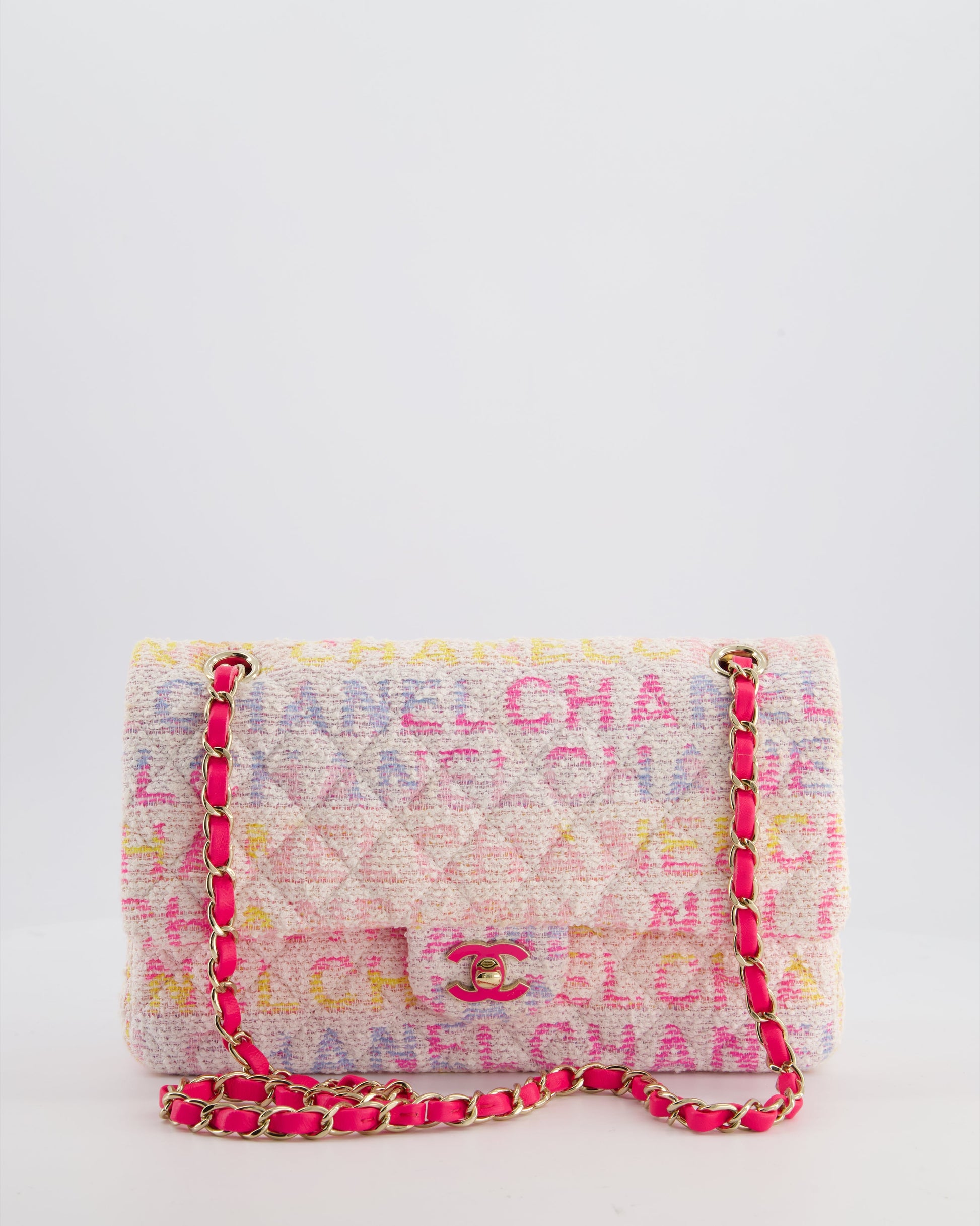 Chanel White & Pastel Multicolour Tweed Medium Classic Double Flap Bag With Pink, Gold Hardware