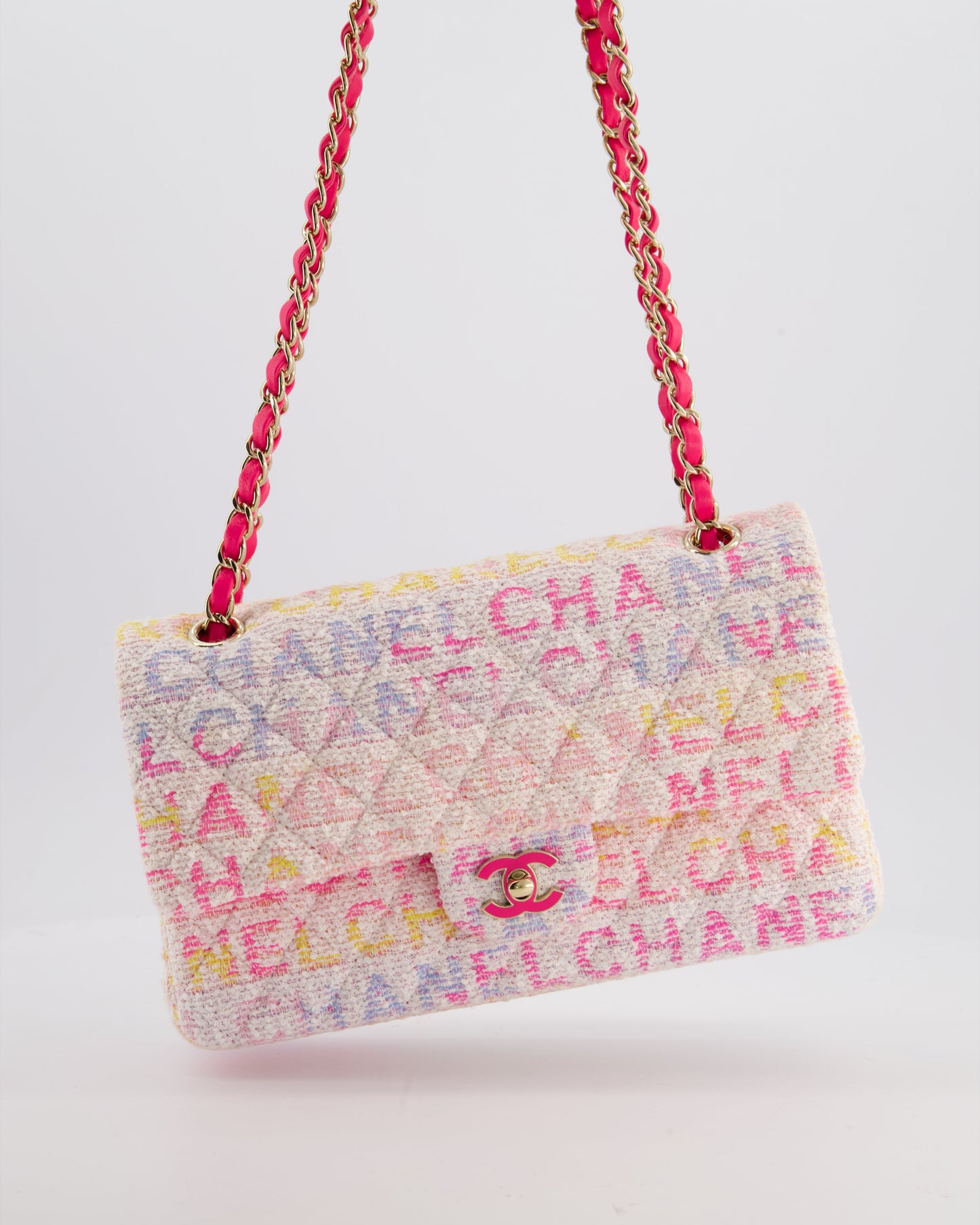 Chanel 2024 White & Pastel Multicolour Tweed Medium Classic Double Flap Bag with Pink,gold Hardware