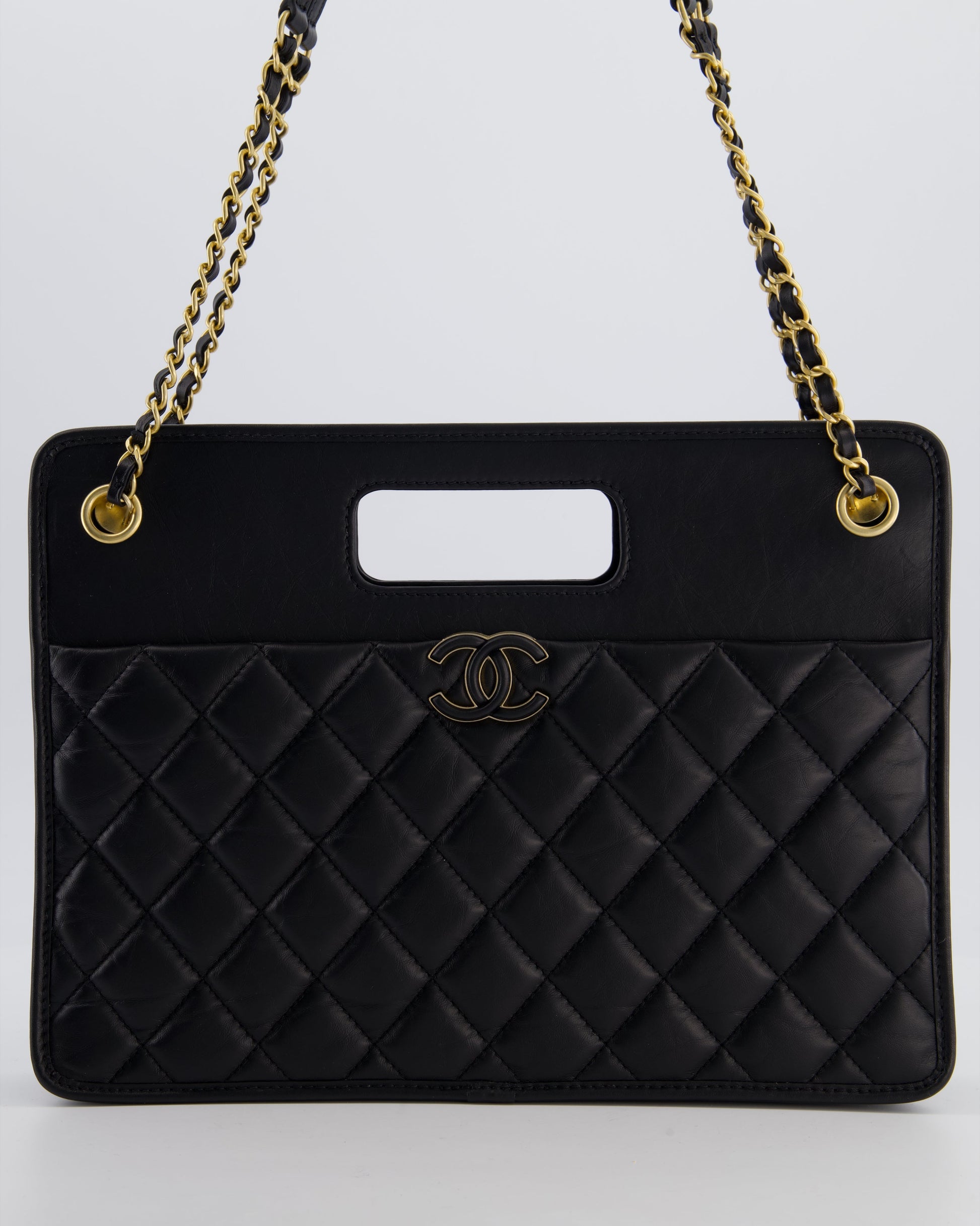 Chanel Black Aged Calfskin Quilted Small Graphic Catch Shopping Bag With Gold Hardware