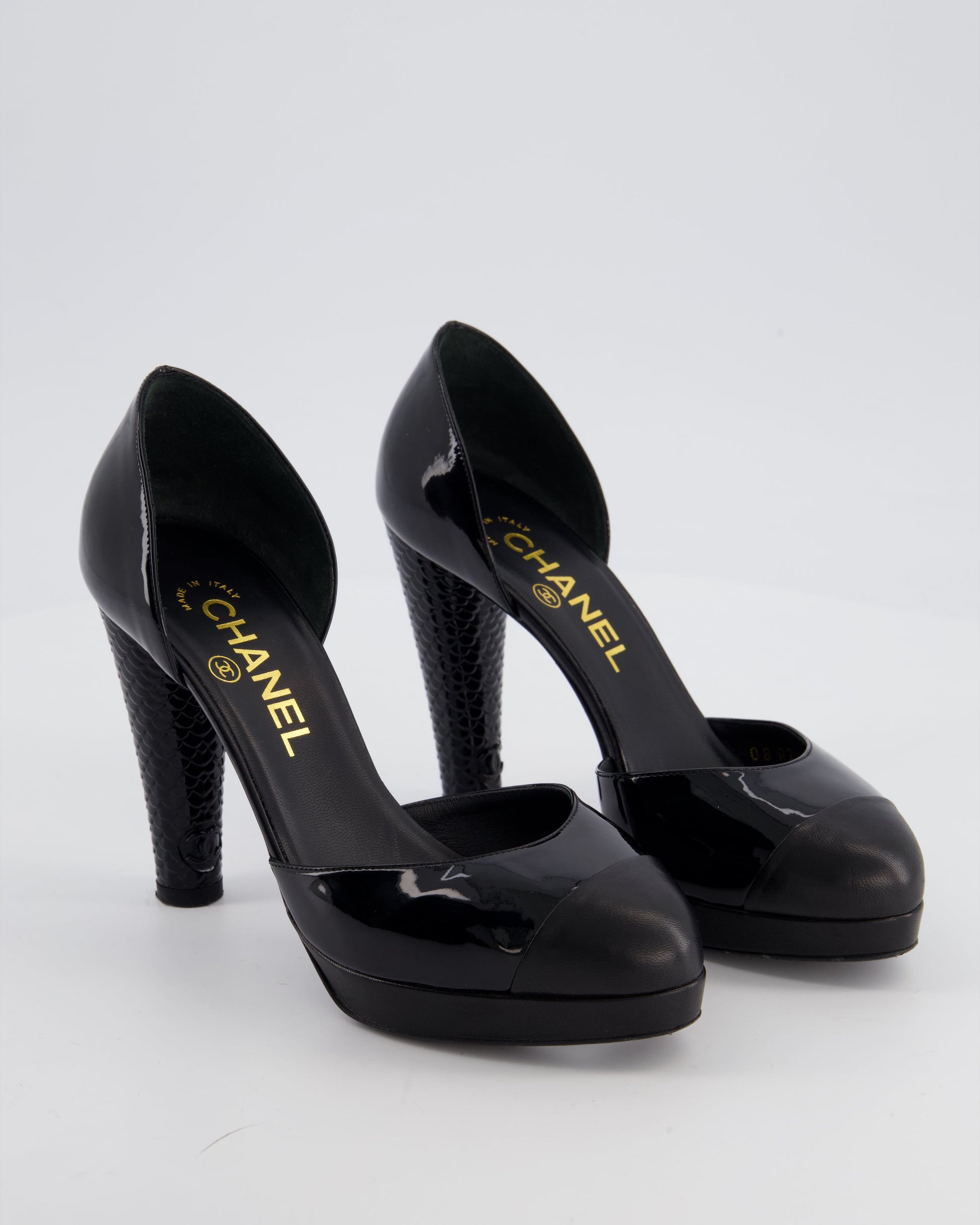 Chanel D'orsay Black Patent Leather Platform Pumps with Sculpted Heels Details Size 36.5 Eu for Women