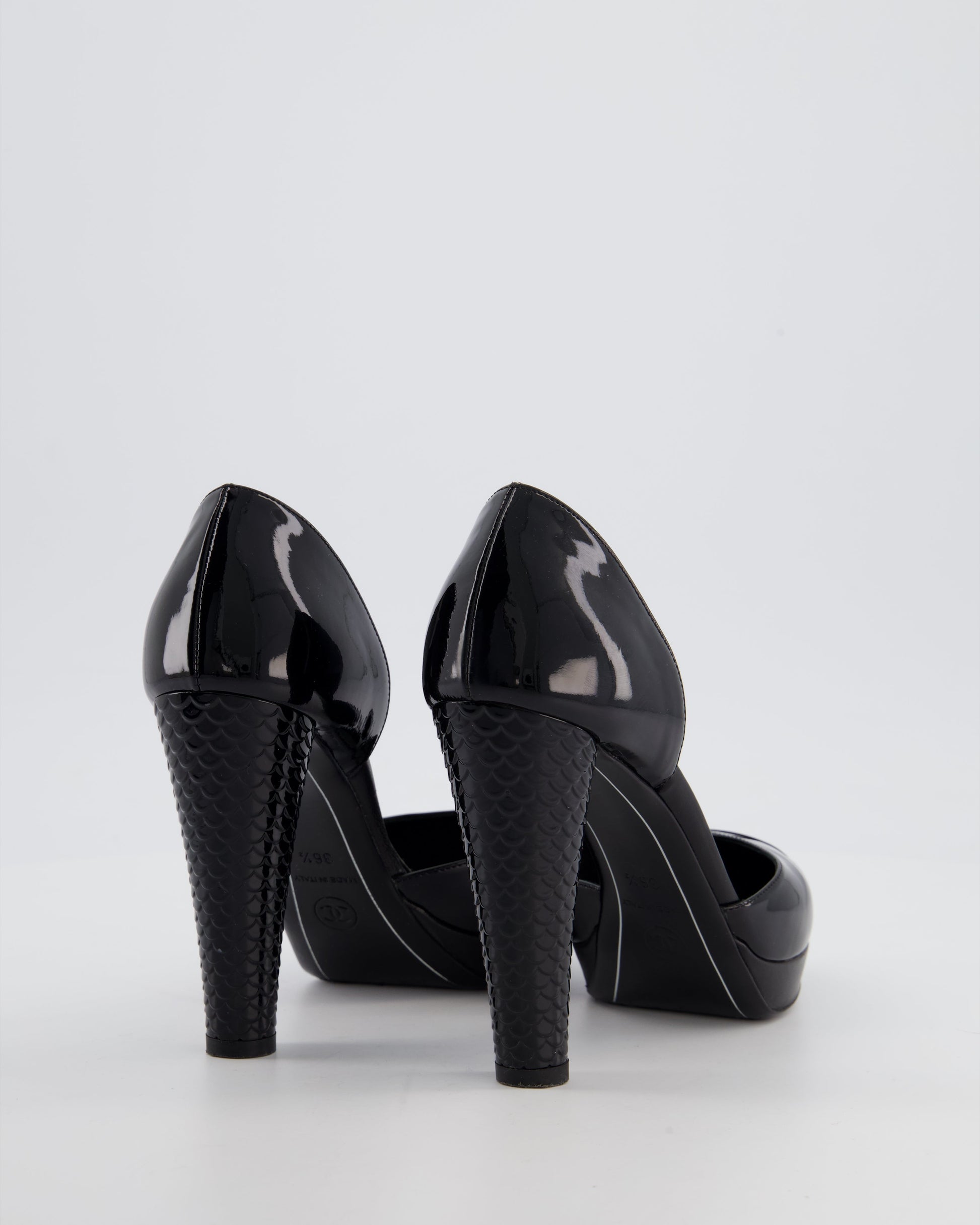 Chanel D'Orsay Black Patent Leather Platform Pumps With Sculpted Heels Details Size 36.5 Eu