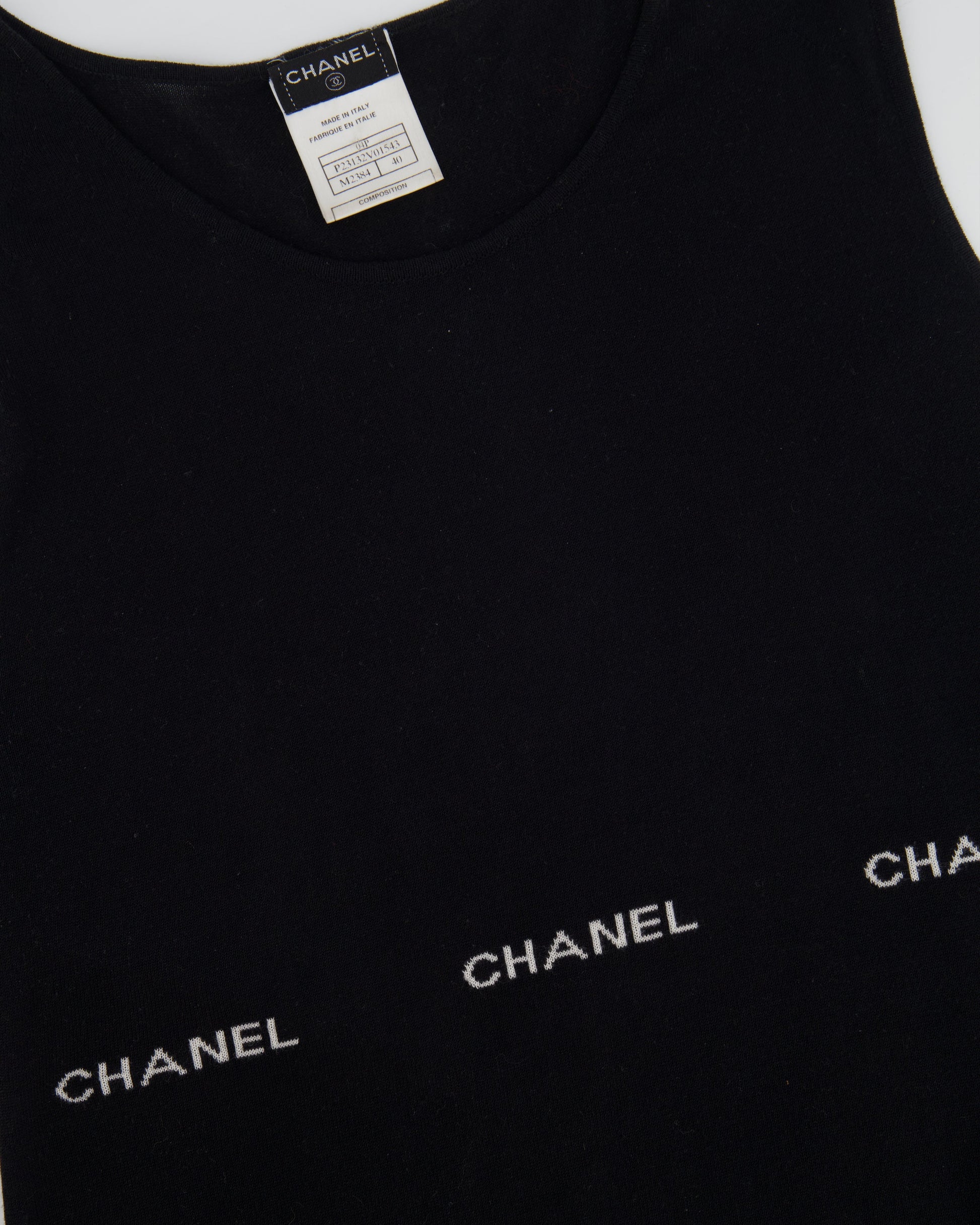 Chanel Black Sleeveless Tank Top With White Logo Print Detail Size Fr 40 (Uk 12) Bag