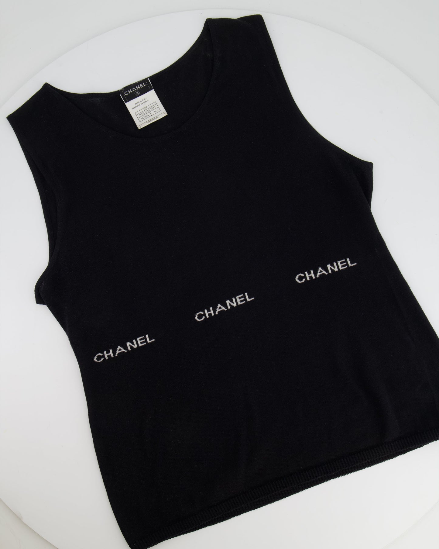 Chanel Black Sleeveless Tank Top With White Logo Print Detail Size Fr 40 (Uk 12) Bag