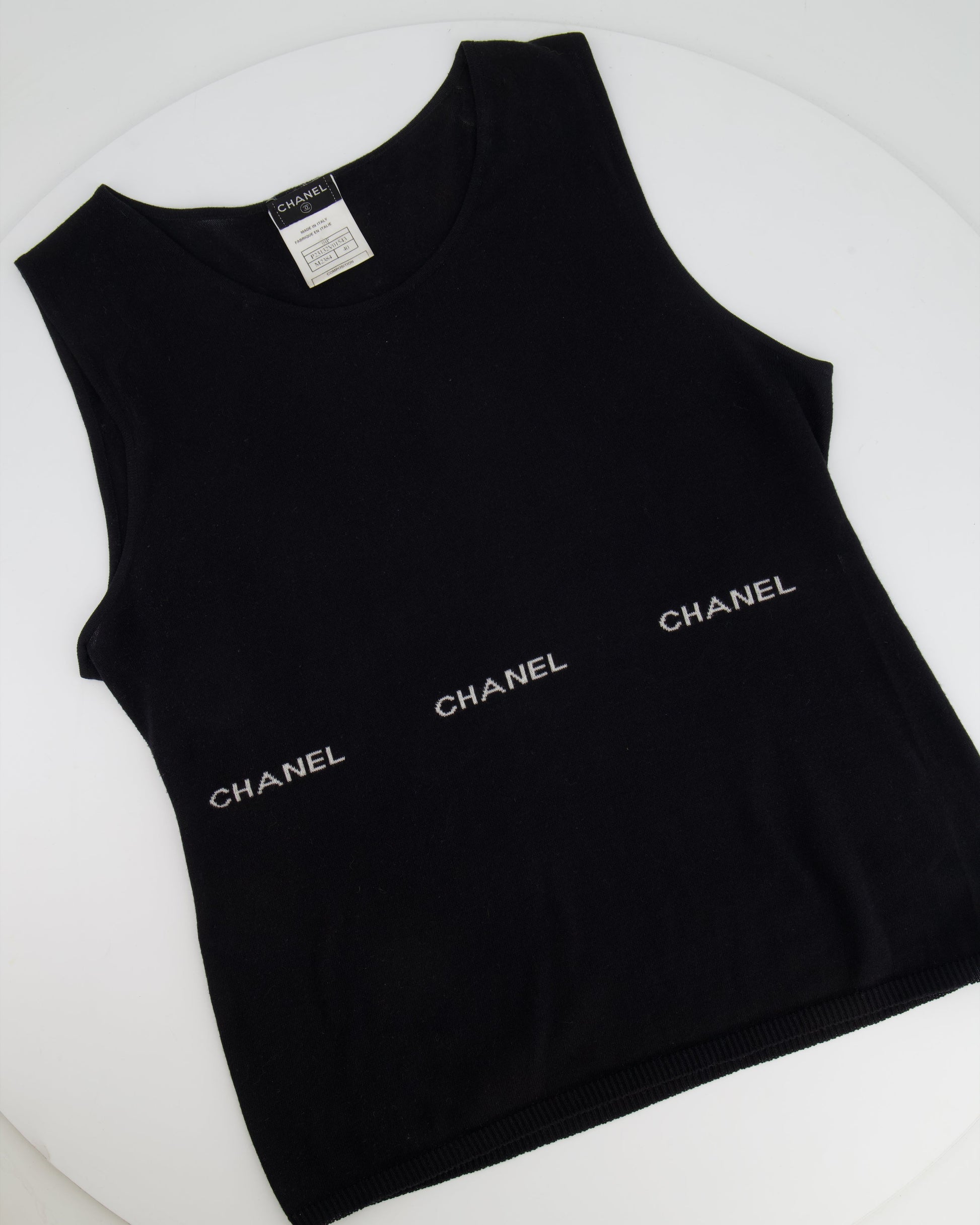 Chanel Black Sleeveless Tank Top With White Logo Print Detail Size Fr 40 (Uk 12) Bag