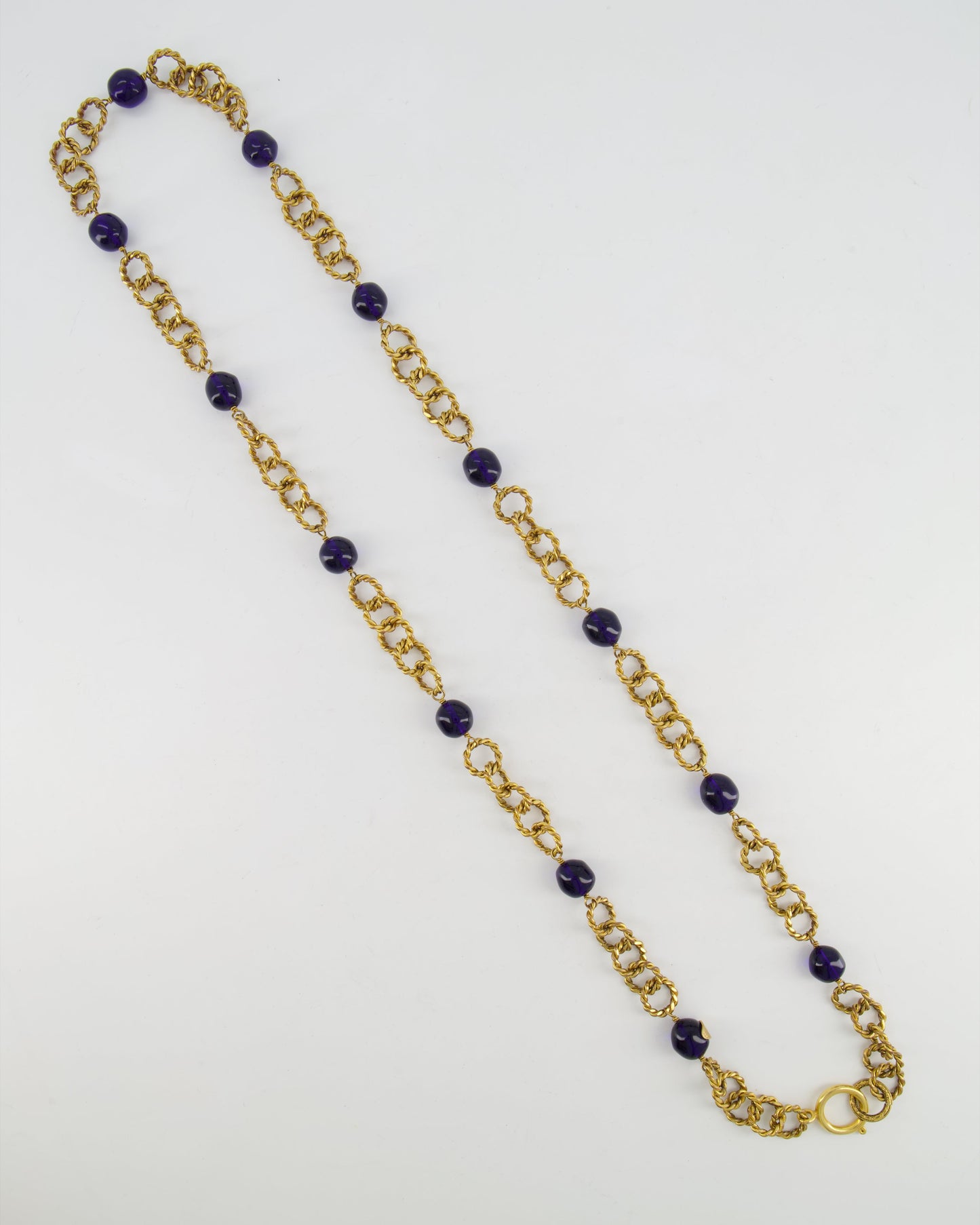 Chanel 2005 Brushed Gold Chain Necklace with Navy Blue Stones