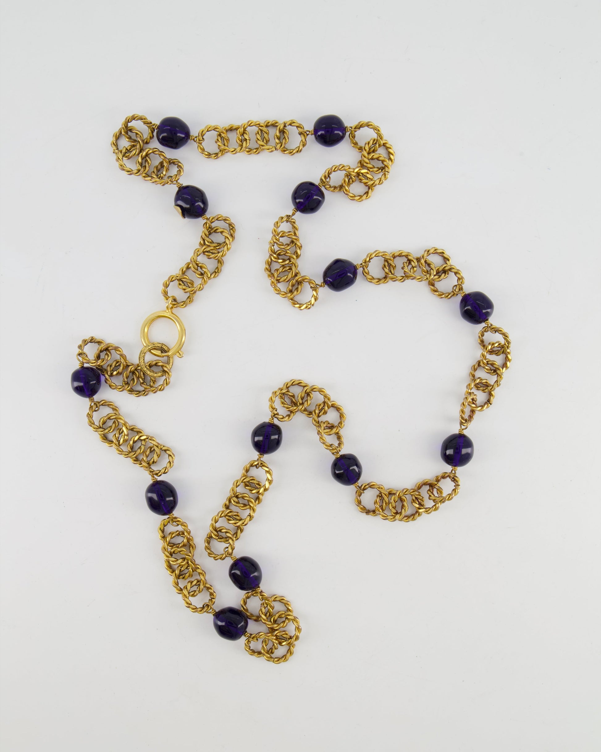 Chanel 2005 Brushed Gold Chain Necklace with Navy Blue Stones