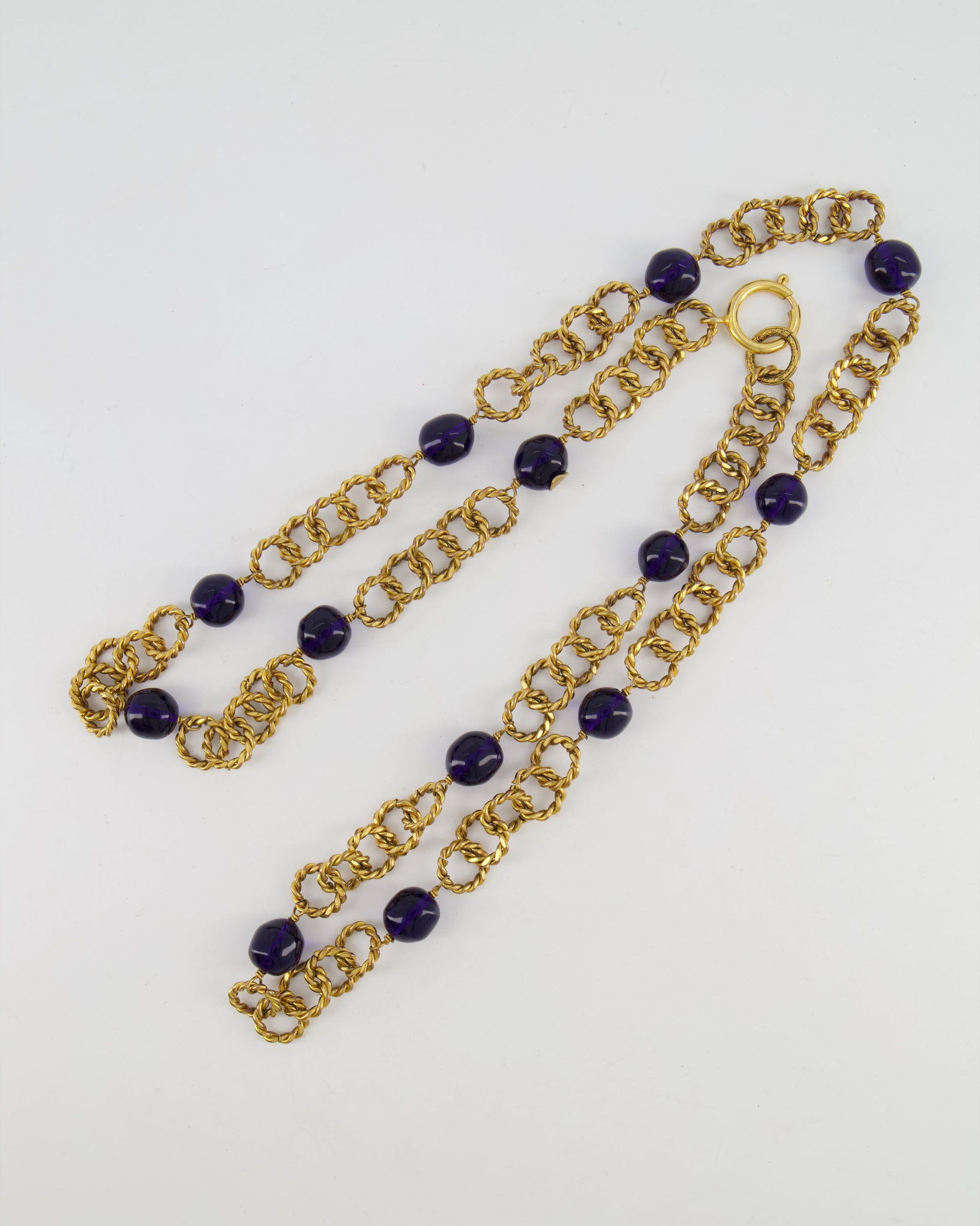 Chanel 2005 Brushed Gold Chain Necklace with Navy Blue Stones