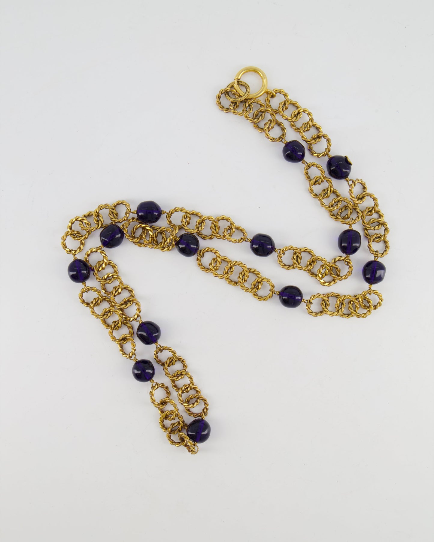 Chanel 2005   Brushed Gold Chain Necklace with Navy Blue Stones