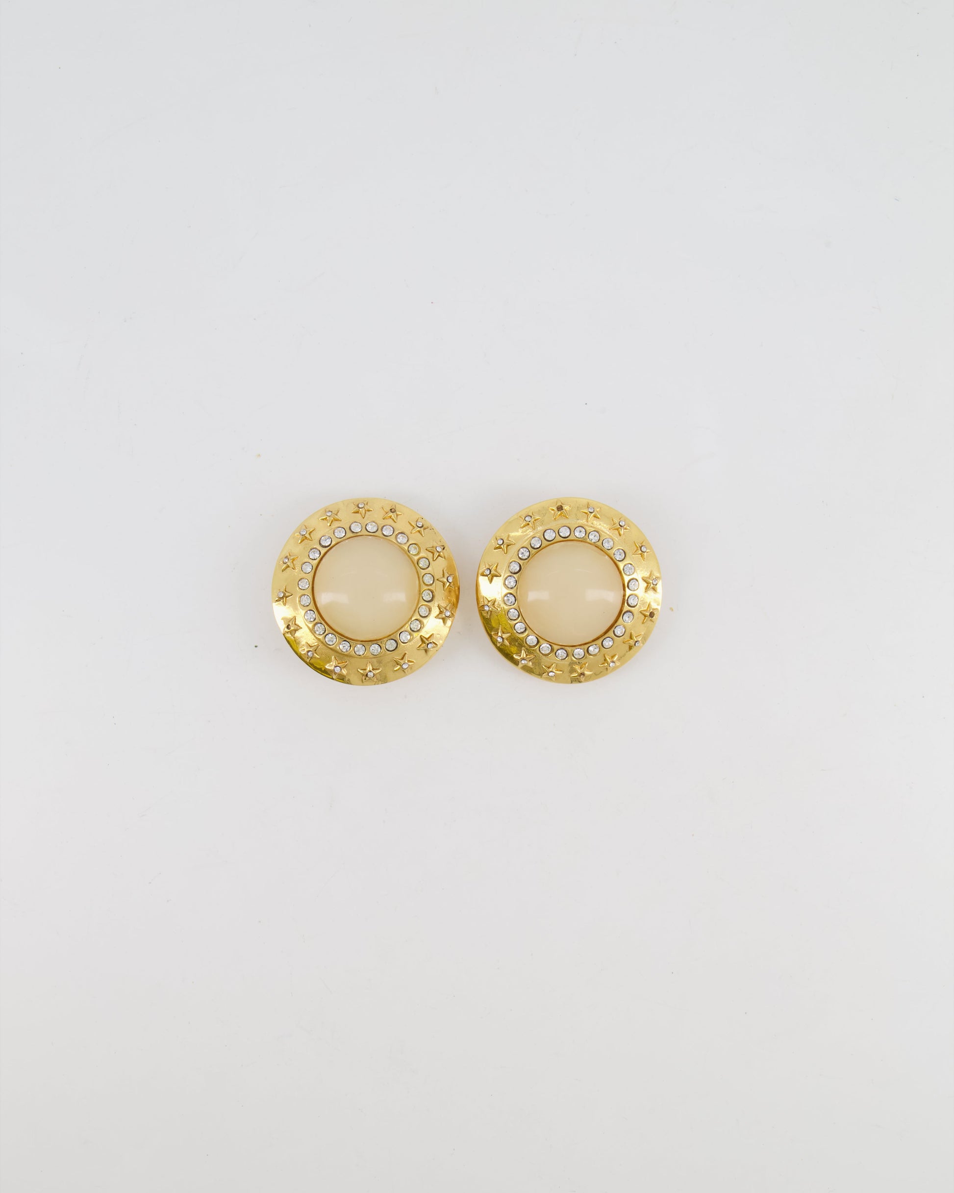 Chanel Gold Large Round Clip On Earrings With Beige Stone, Stars And Crystal Embellishments