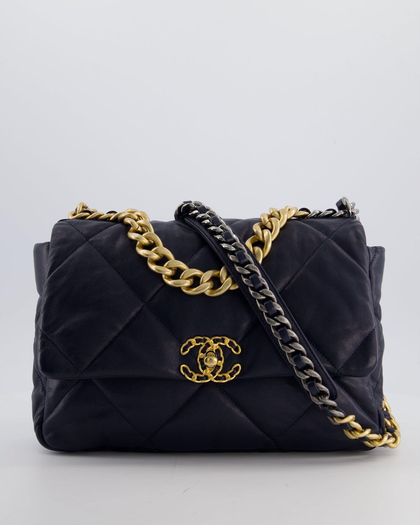 Chanel Navy Medium 19 Bag In Quilted Goatskin Leather With Mixed Hardware