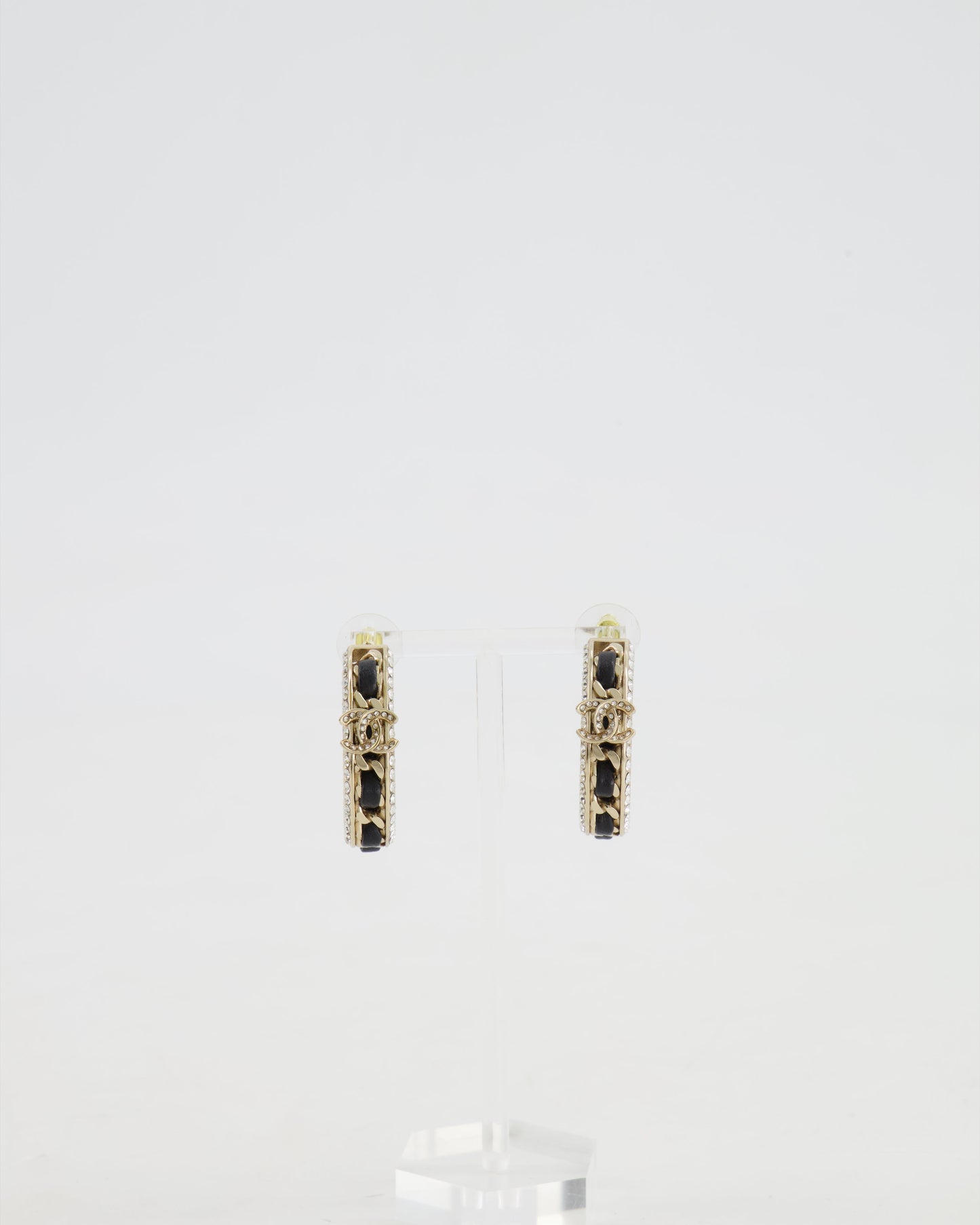 Chanel Gold, Black Leather And Crystal Embellished Cc Logo Hoop Earrings