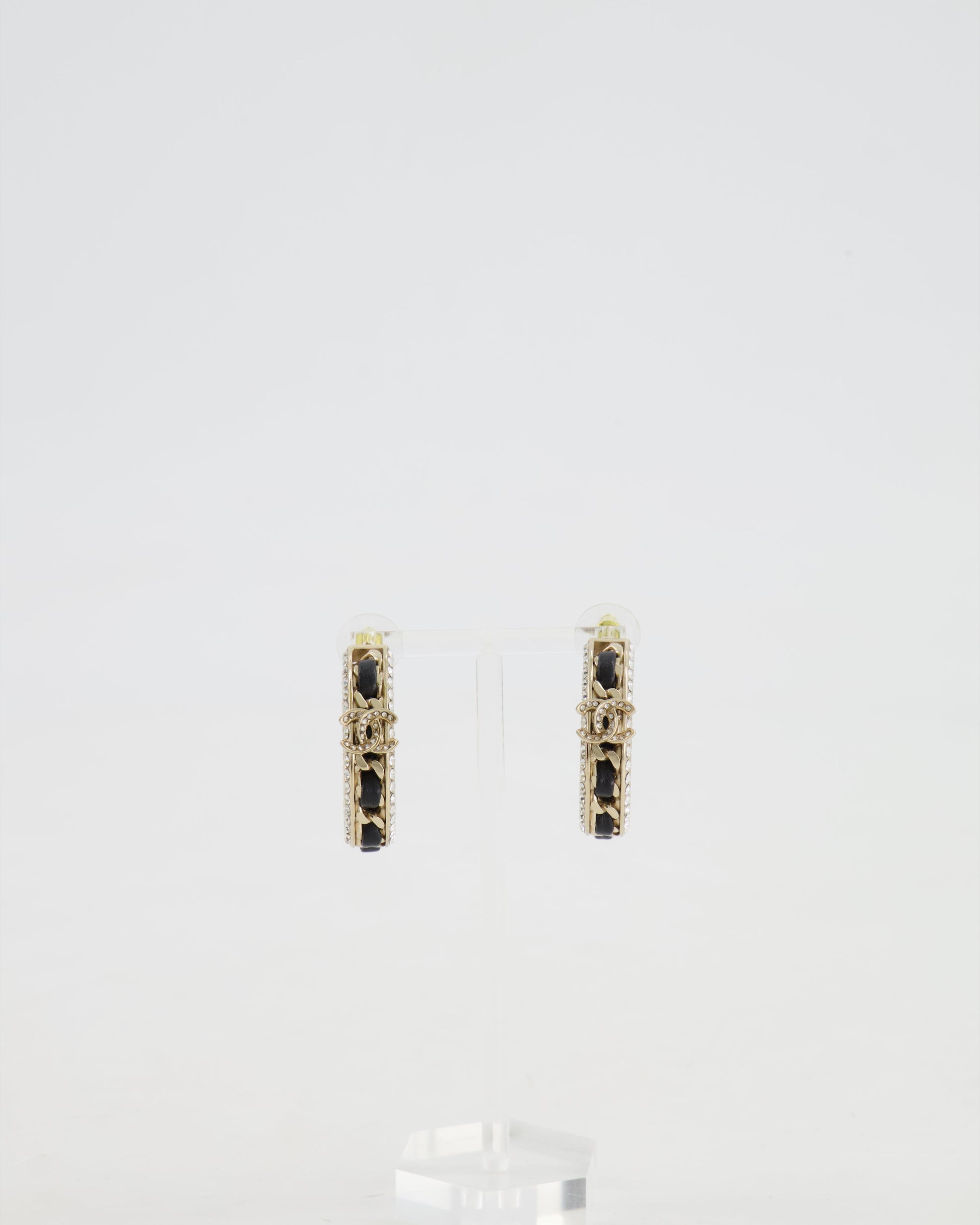 Chanel Gold, Black Leather And Crystal Embellished Cc Logo Hoop Earrings