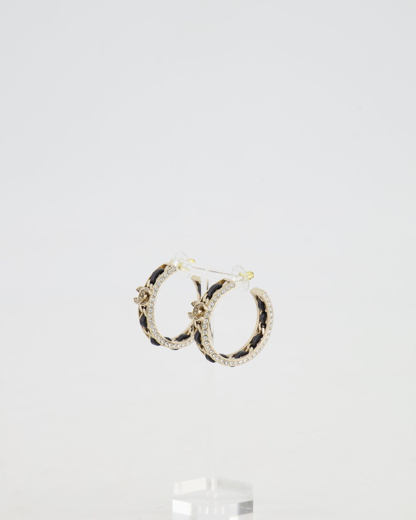 Chanel Gold, Black Leather And Crystal Embellished Cc Logo Hoop Earrings